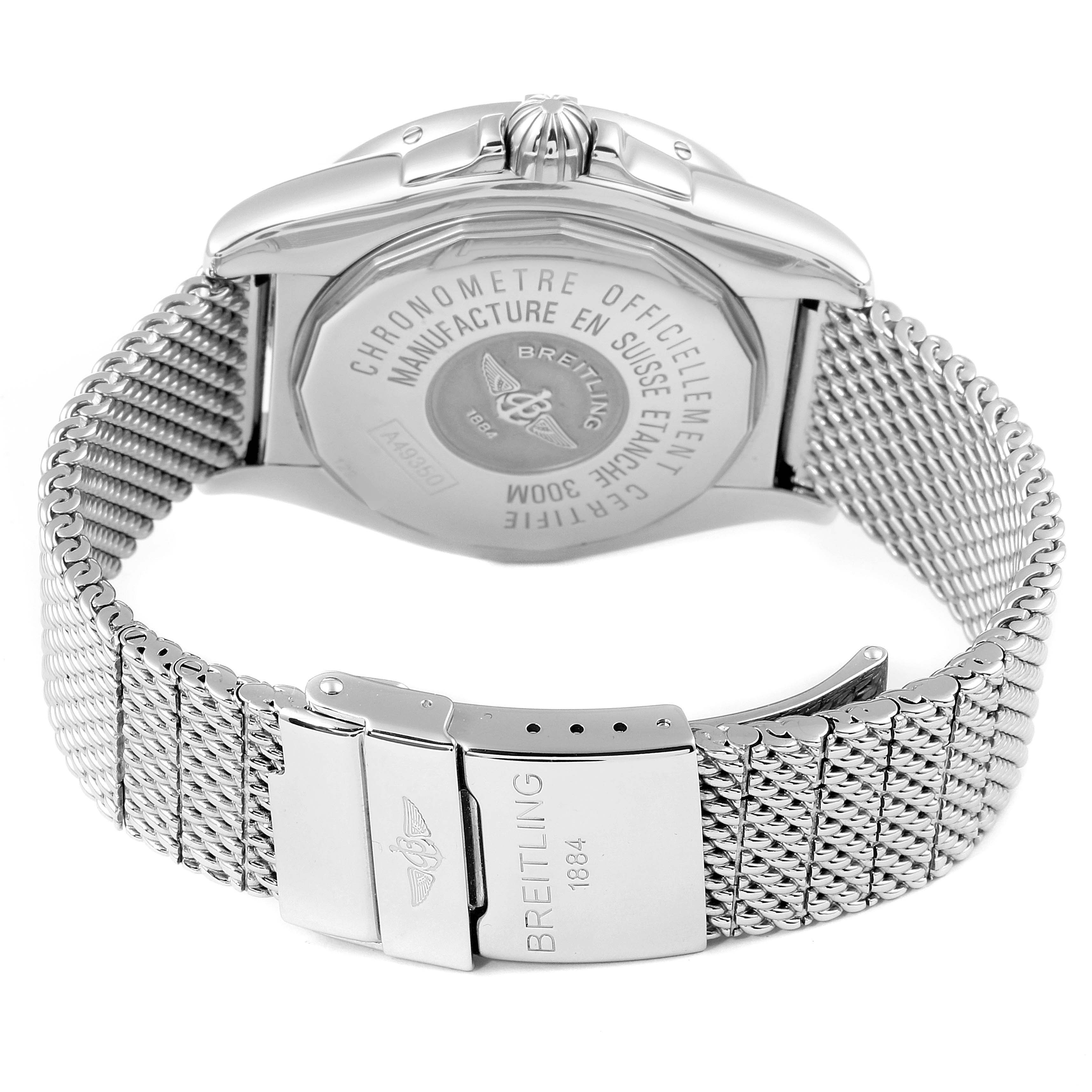 The image shows the back case and clasp of a Breitling Windrider A49350LA/A702-366A Men's Stainless Steel Mother of Pearl Dial A49350LA/A702-366A Men's Stainless Steel Mother of Pearl Dial watch, highlighting the brand engravings and metal mesh strap.