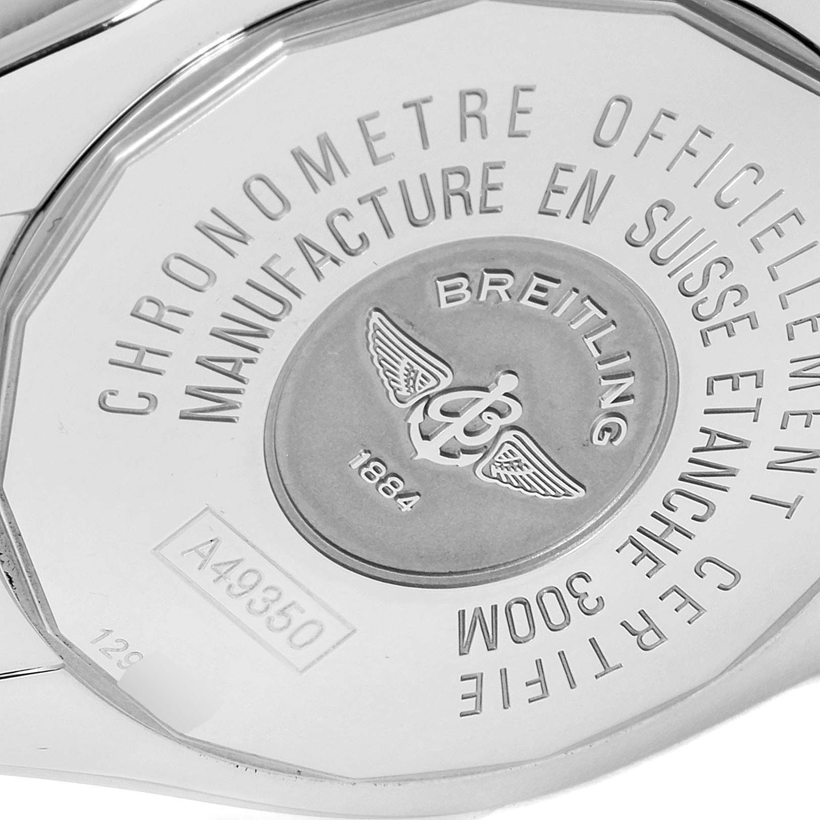 The image shows the back case and engravings of a Breitling Windrider A49350LA/A702-366A Men's Stainless Steel Mother of Pearl Dial A49350LA/A702-366A Men's Stainless Steel Mother of Pearl Dial watch.