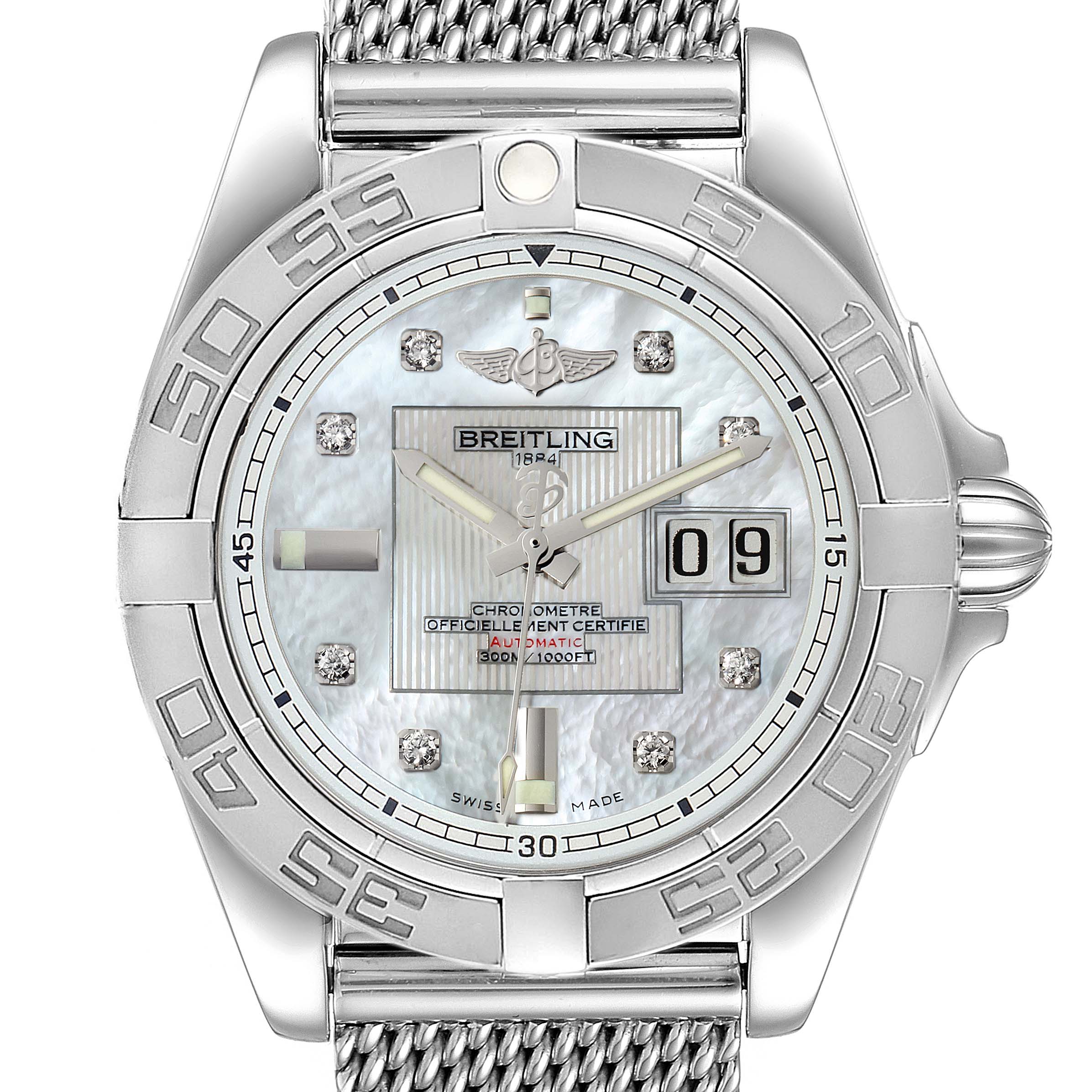 The Breitling Windrider A49350LA/A702-366A Men's Stainless Steel Mother of Pearl Dial A49350LA/A702-366A Men's Stainless Steel Mother of Pearl Dial watch is shown from a top-down angle, highlighting the face, bezel, and part of the metal bracelet.