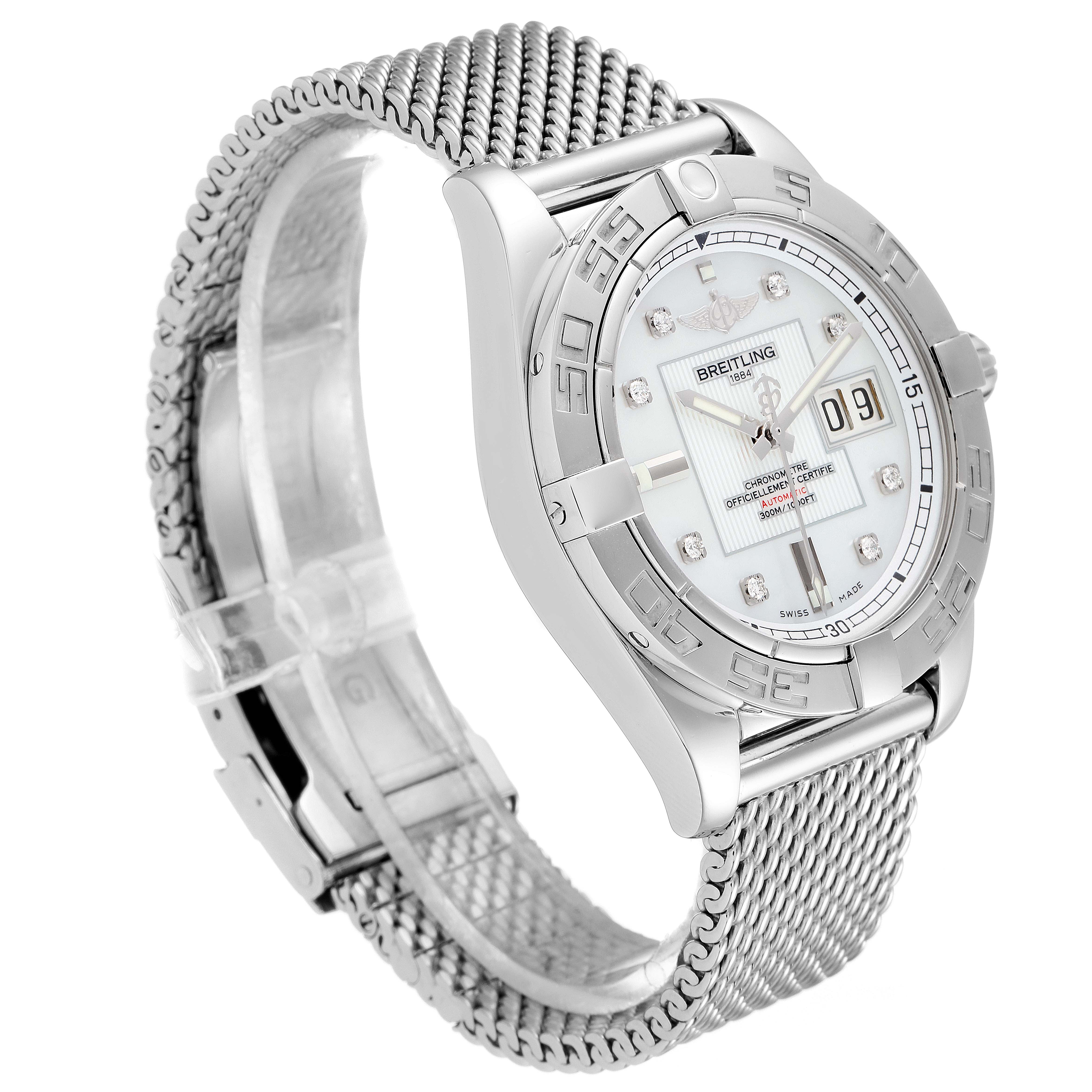 The Breitling Windrider A49350LA/A702-366A Men's Stainless Steel Mother of Pearl Dial A49350LA/A702-366A Men's Stainless Steel Mother of Pearl Dial watch is shown at a three-quarter angle, highlighting the watch face and stainless-steel mesh band.