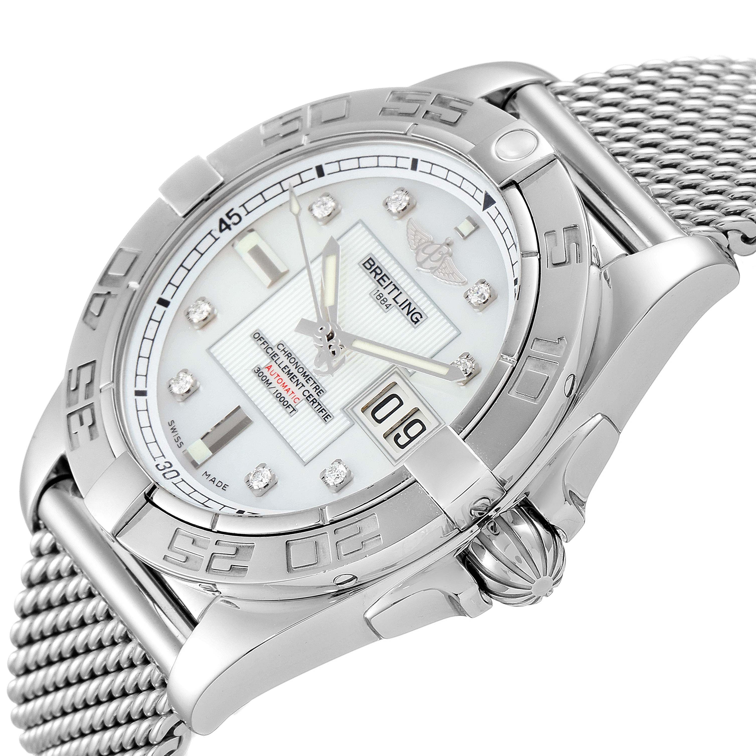 The image shows a close-up angled view of a Breitling Windrider A49350LA/A702-366A Men's Stainless Steel Mother of Pearl Dial A49350LA/A702-366A Men's Stainless Steel Mother of Pearl Dial watch, highlighting the dial, bezel, and part of the mesh bracelet.