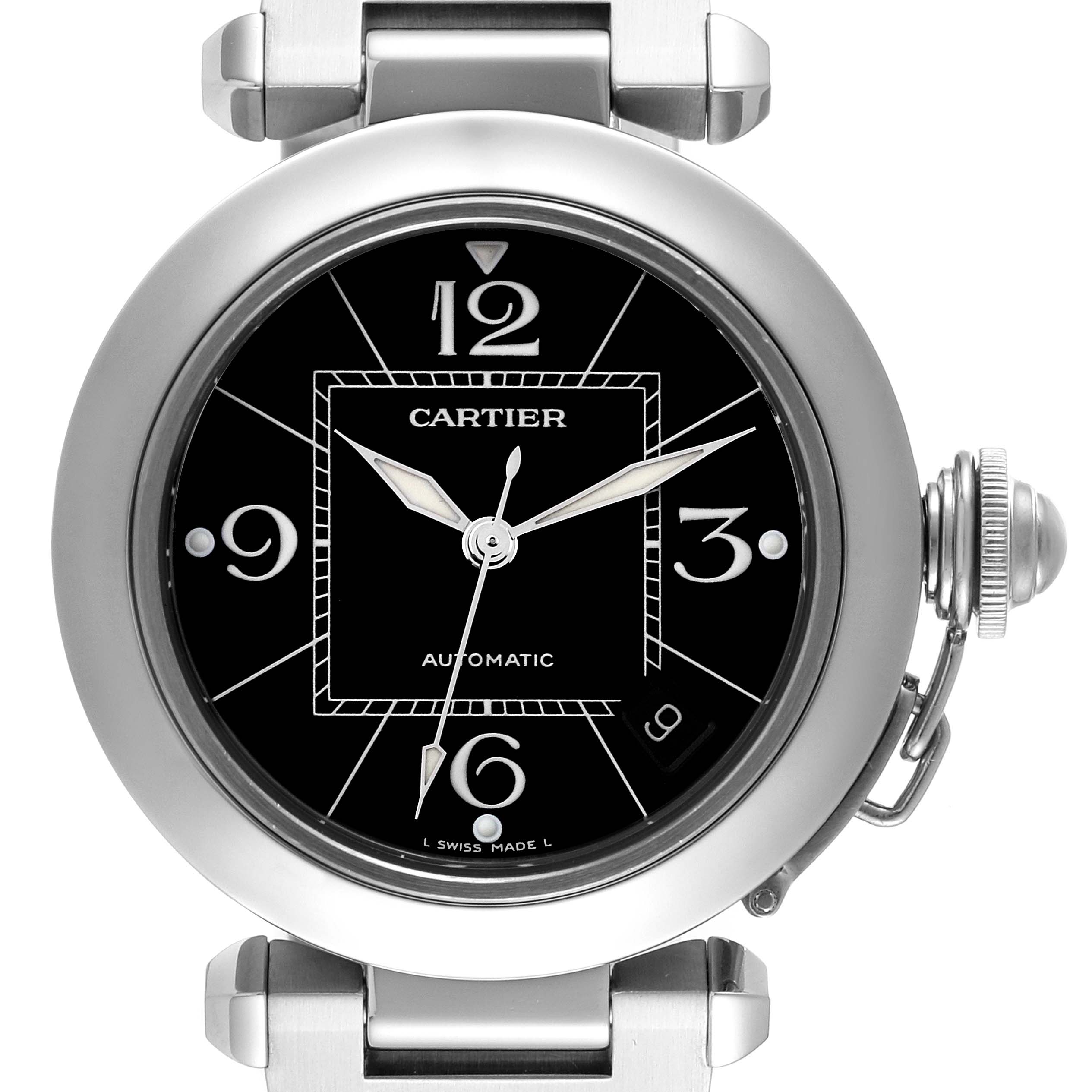 This image shows a front view of the Cartier Pasha W31076M7 Women's Stainless Steel Black Dial W31076M7 Women's Stainless Steel Black Dial model watch, highlighting its face, numerals, and bezel.