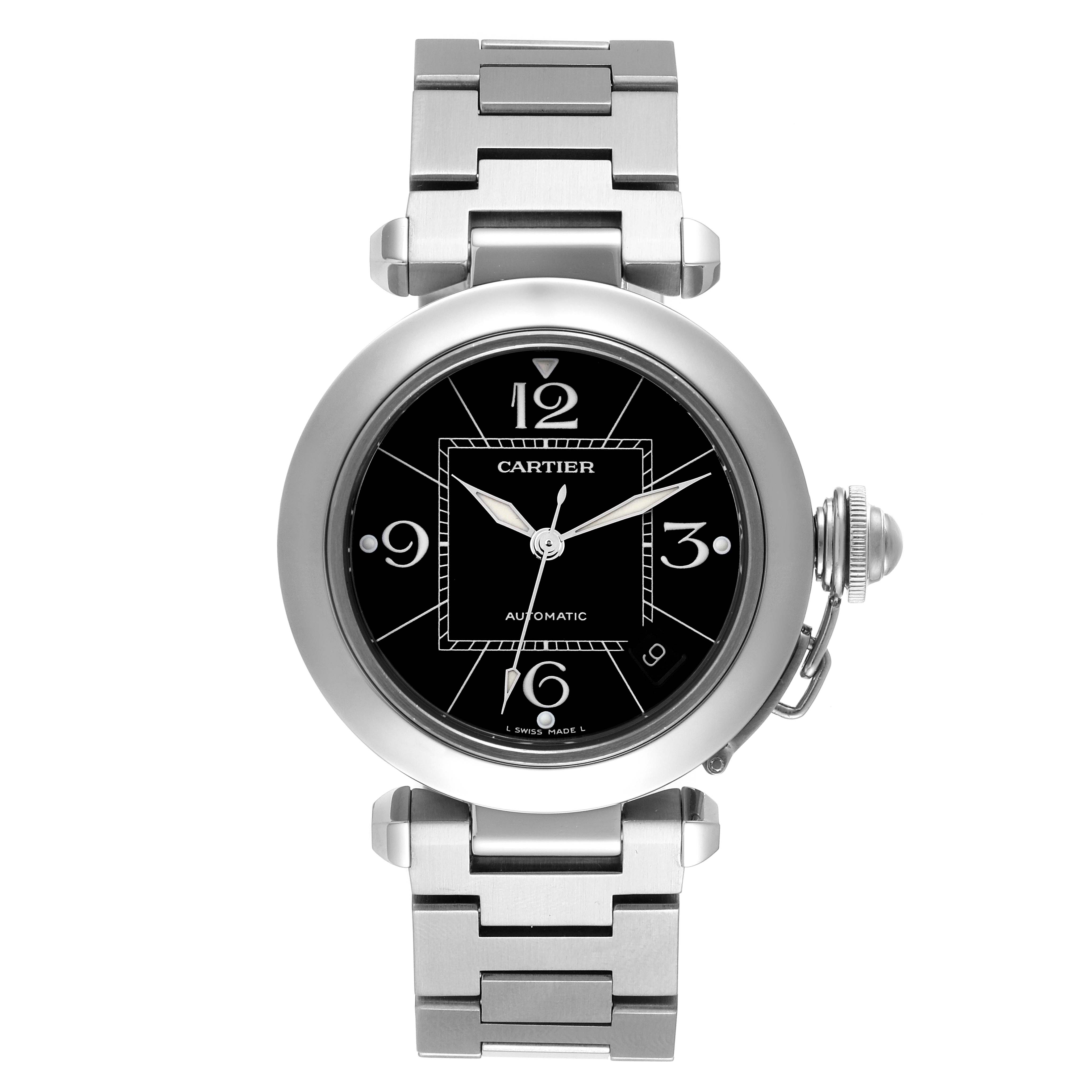 The image shows a front view of the Cartier Pasha W31076M7 Women's Stainless Steel Black Dial W31076M7 Women's Stainless Steel Black Dial watch, highlighting its dial, bracelet, and crown.