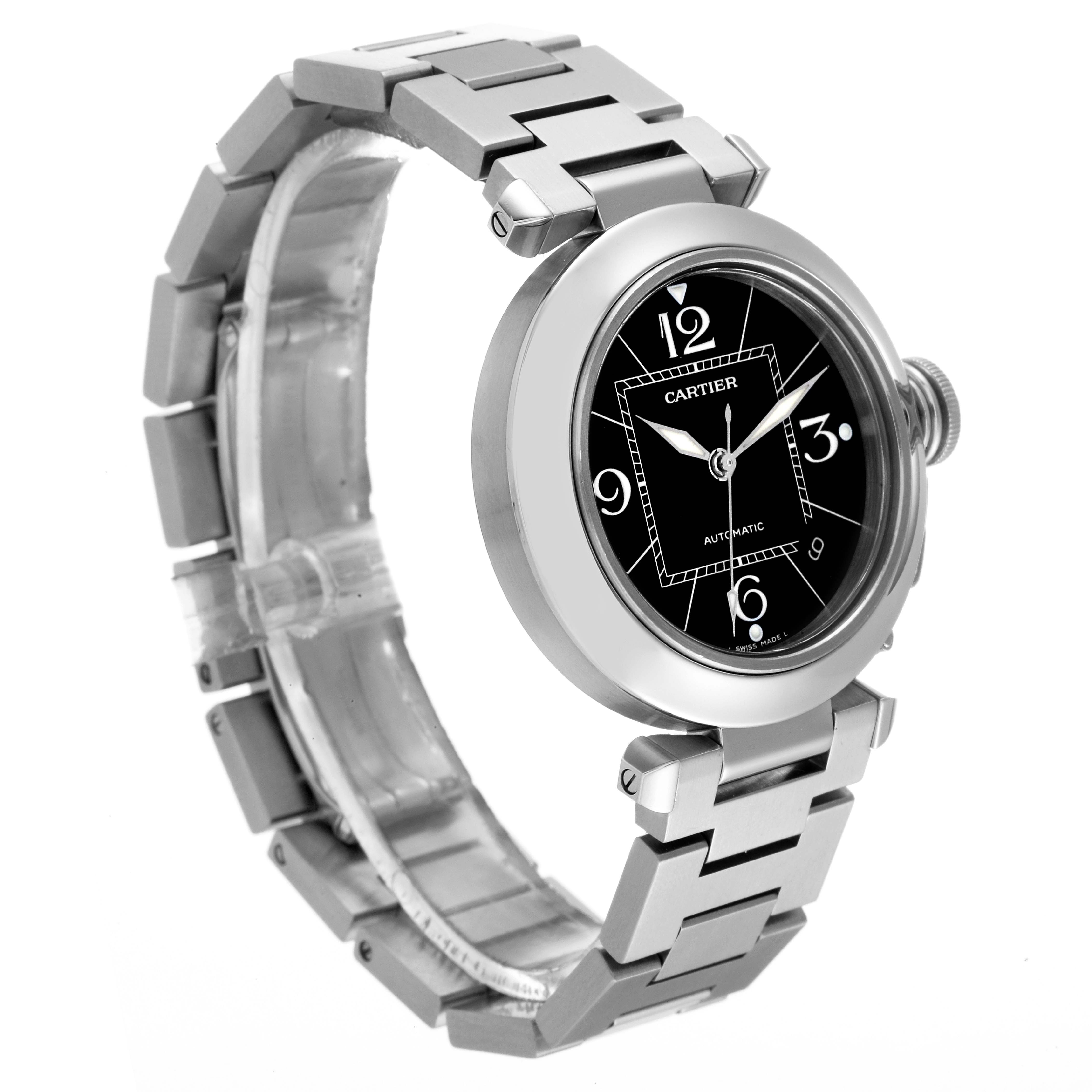 The image shows a side angle of the Cartier Pasha W31076M7 Women's Stainless Steel Black Dial W31076M7 Women's Stainless Steel Black Dial watch, displaying its round face and stainless steel bracelet.