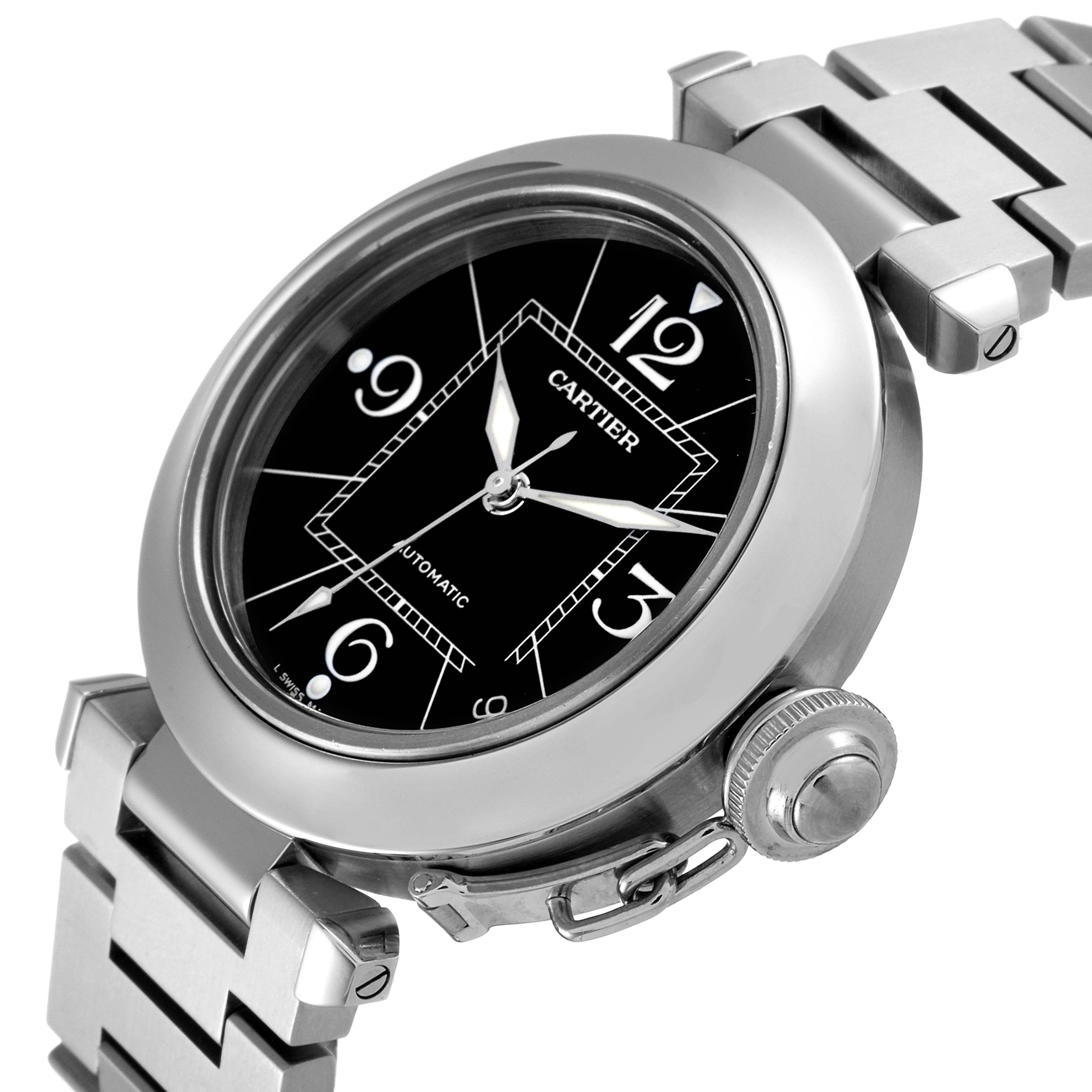 This image shows a Cartier Pasha W31076M7 Women's Stainless Steel Black Dial W31076M7 Women's Stainless Steel Black Dial watch from an angled top view, highlighting its dial, crown, and part of the bracelet.