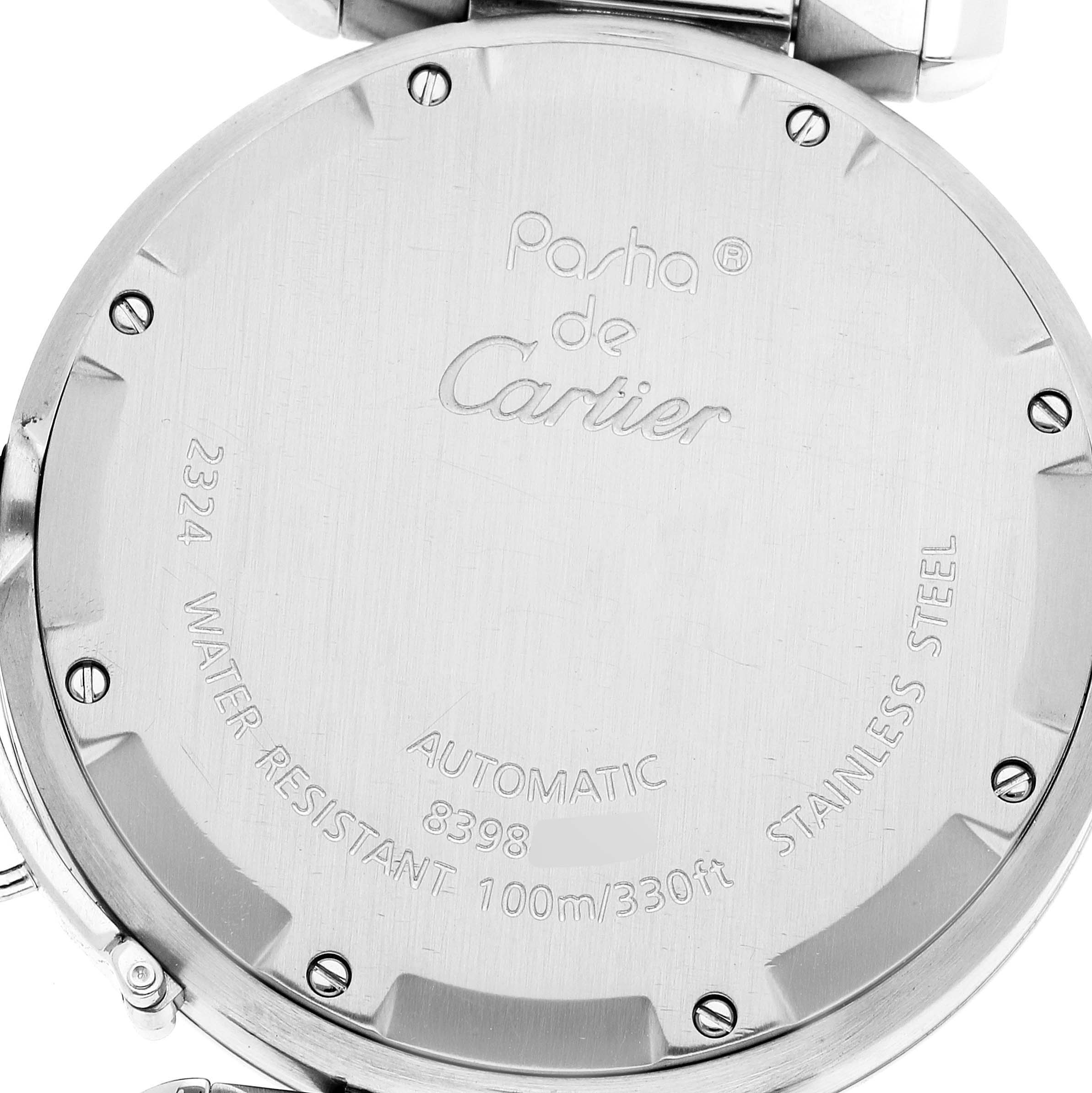 The image shows the back of a Cartier Pasha W31076M7 Women's Stainless Steel Black Dial W31076M7 Women's Stainless Steel Black Dial watch, highlighting its model and specifications.