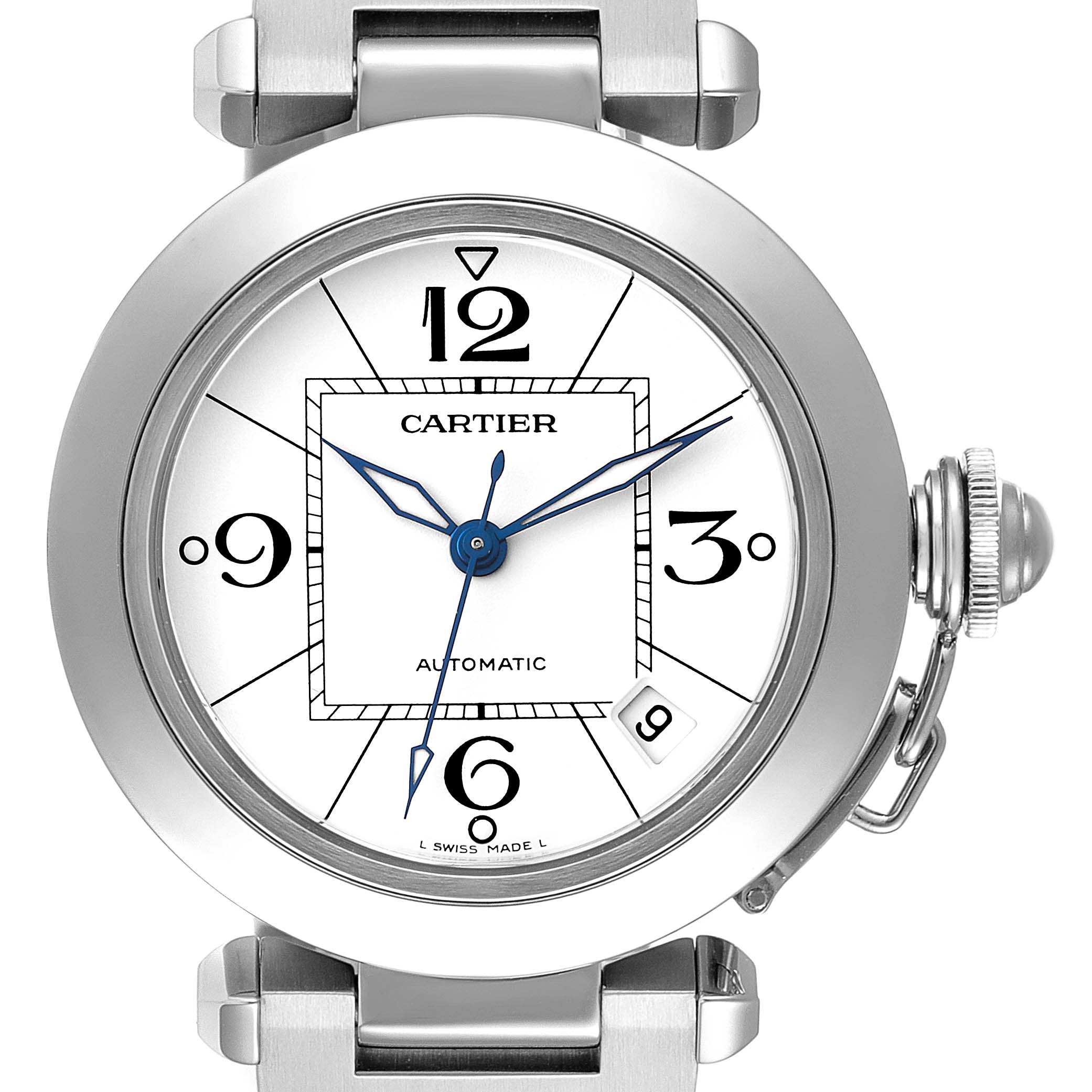 The image shows a top-down view of the Cartier Pasha W31074M7 Men's Stainless Steel White Dial W31074M7 Men's Stainless Steel White Dial watch, highlighting its dial, crown, and part of its bracelet.