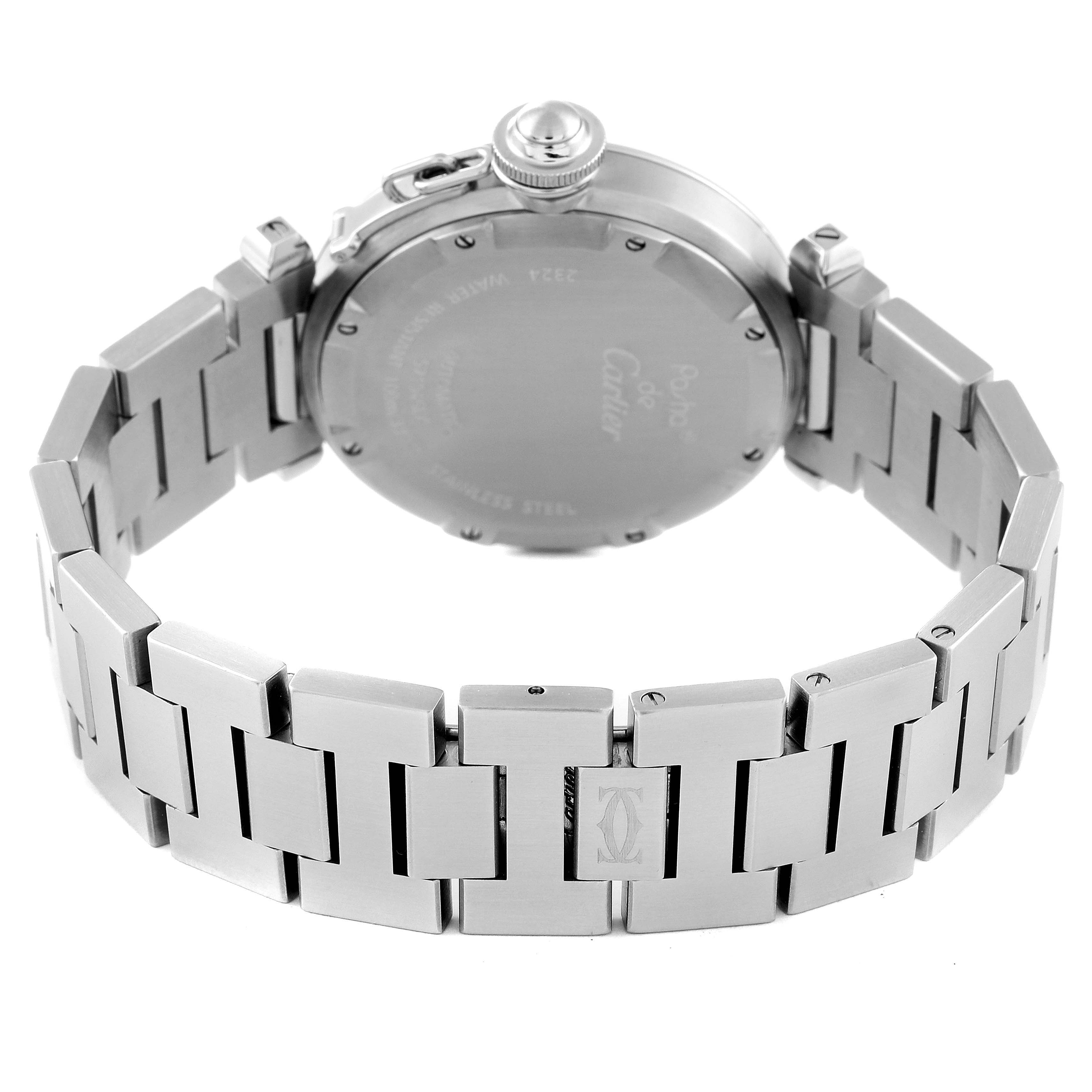 This image shows the back case and metal bracelet of a Cartier Pasha W31074M7 Men's Stainless Steel White Dial W31074M7 Men's Stainless Steel White Dial watch, viewed from a rear angle.
