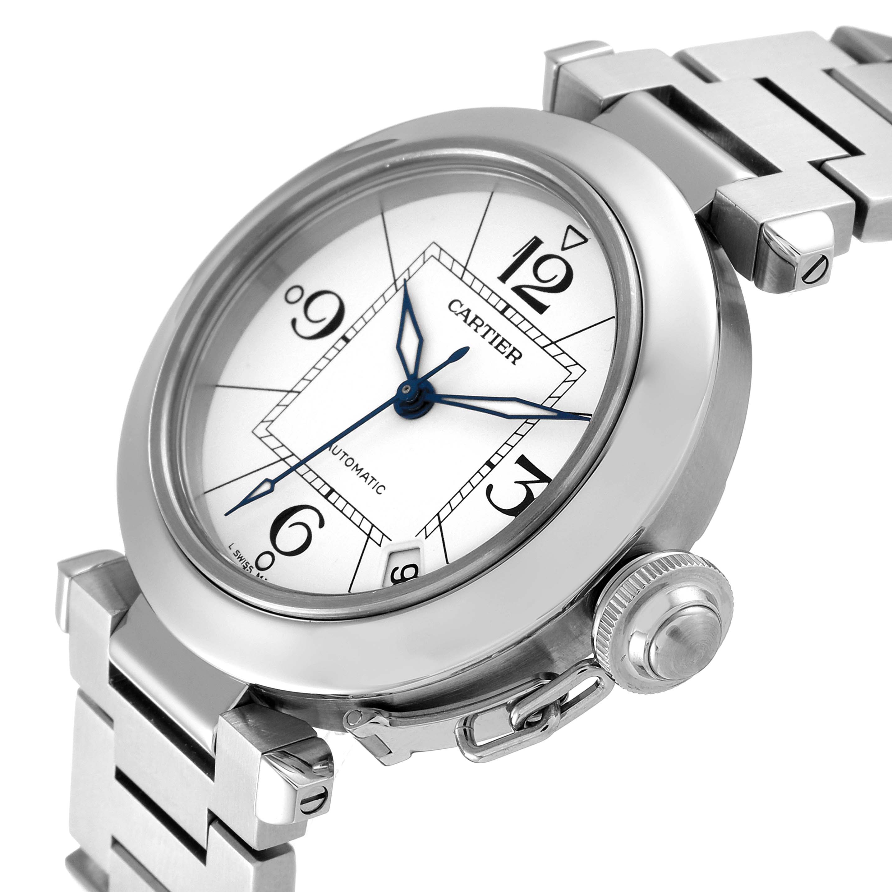 The Cartier Pasha W31074M7 Men's Stainless Steel White Dial W31074M7 Men's Stainless Steel White Dial watch is shown from a close-up angle, highlighting the dial, crown, and part of the bracelet.