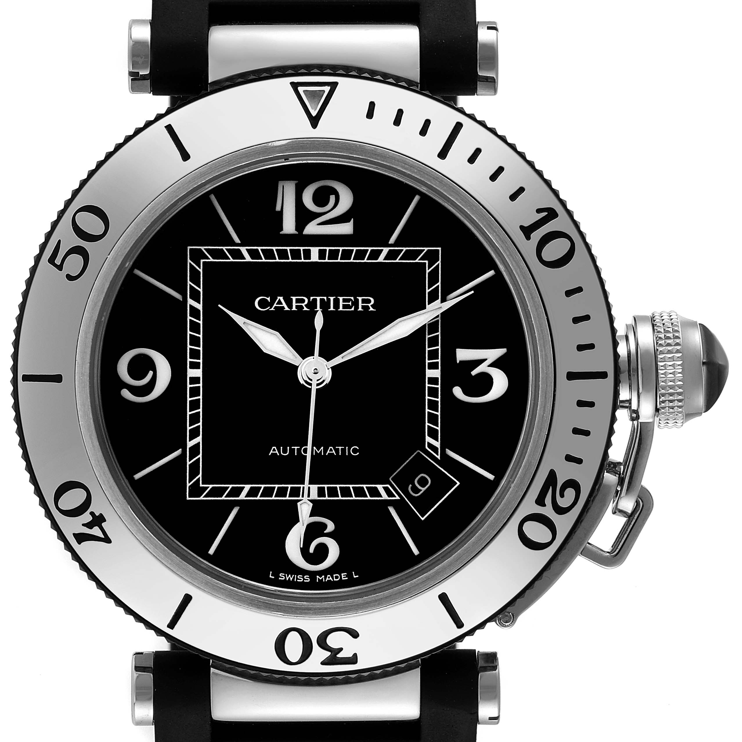 The image shows a front view of the Cartier Pasha W31077U2 Men's Stainless Steel Black Dial W31077U2 Men's Stainless Steel Black Dial watch, highlighting its black dial, bezel, and crown.