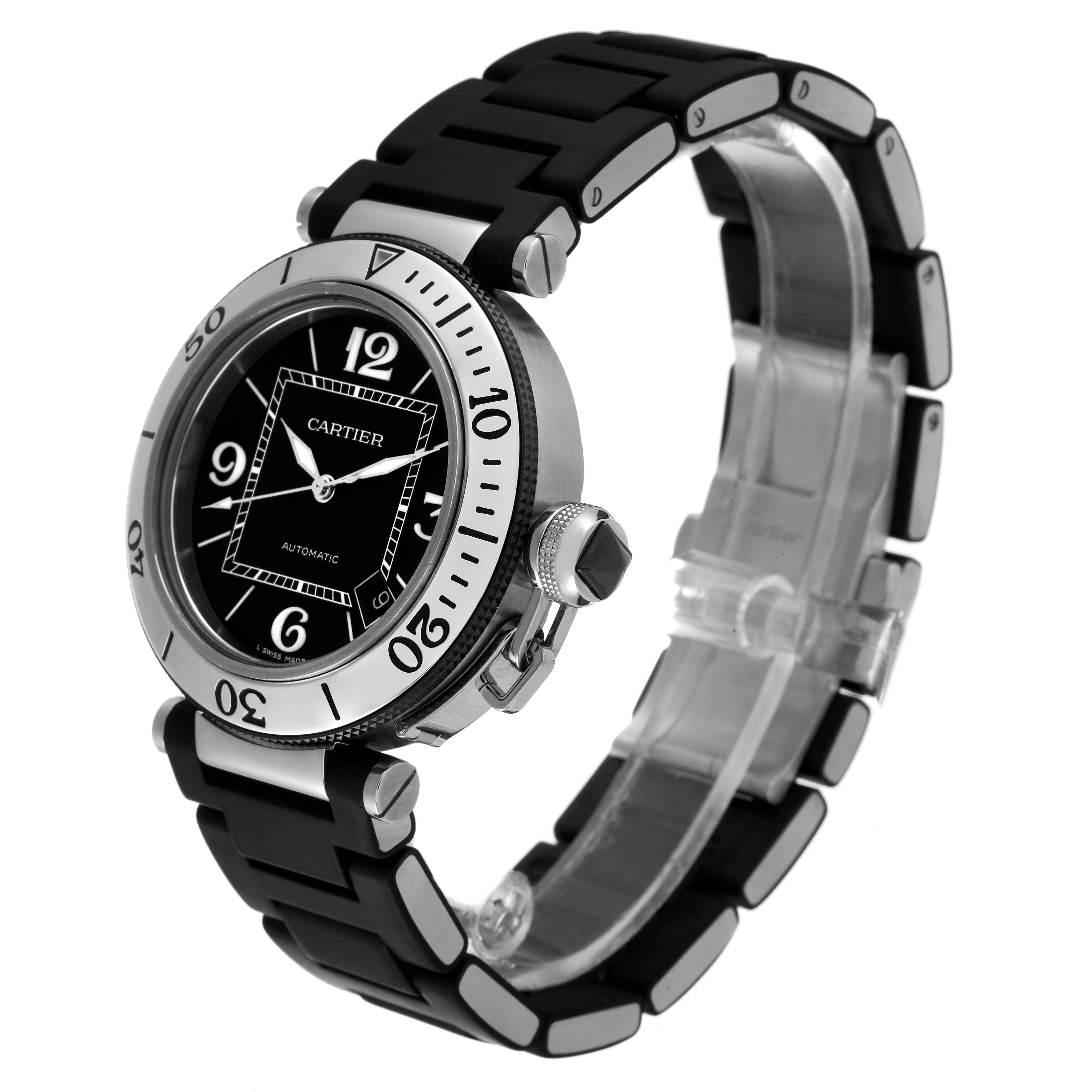 The image shows the Pasha model by Cartier from a front angle, featuring its bezel, dial, and strap.