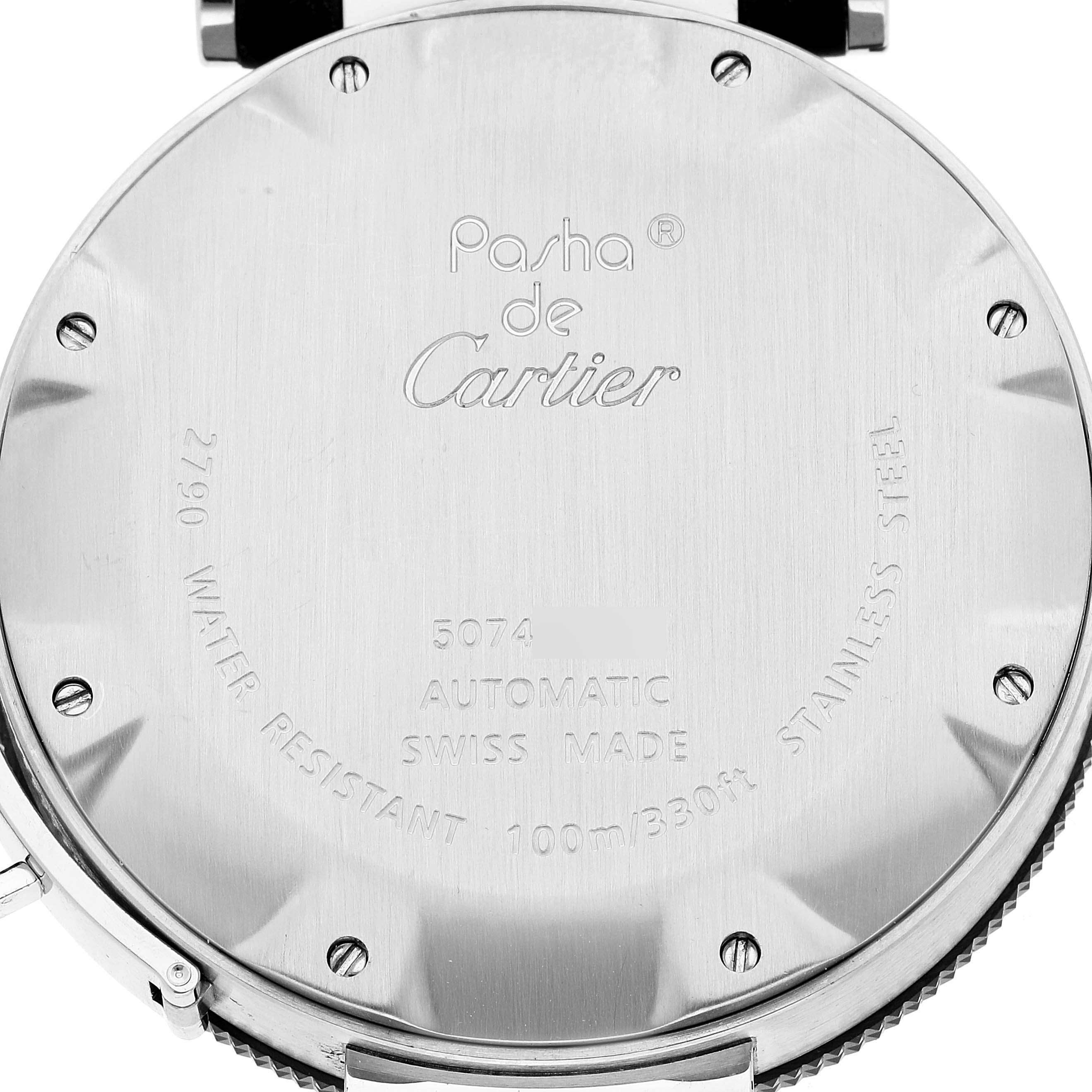 This image shows the back case of a Cartier Pasha W31077U2 Men's Stainless Steel Black Dial W31077U2 Men's Stainless Steel Black Dial watch, displaying its model details and specifications.