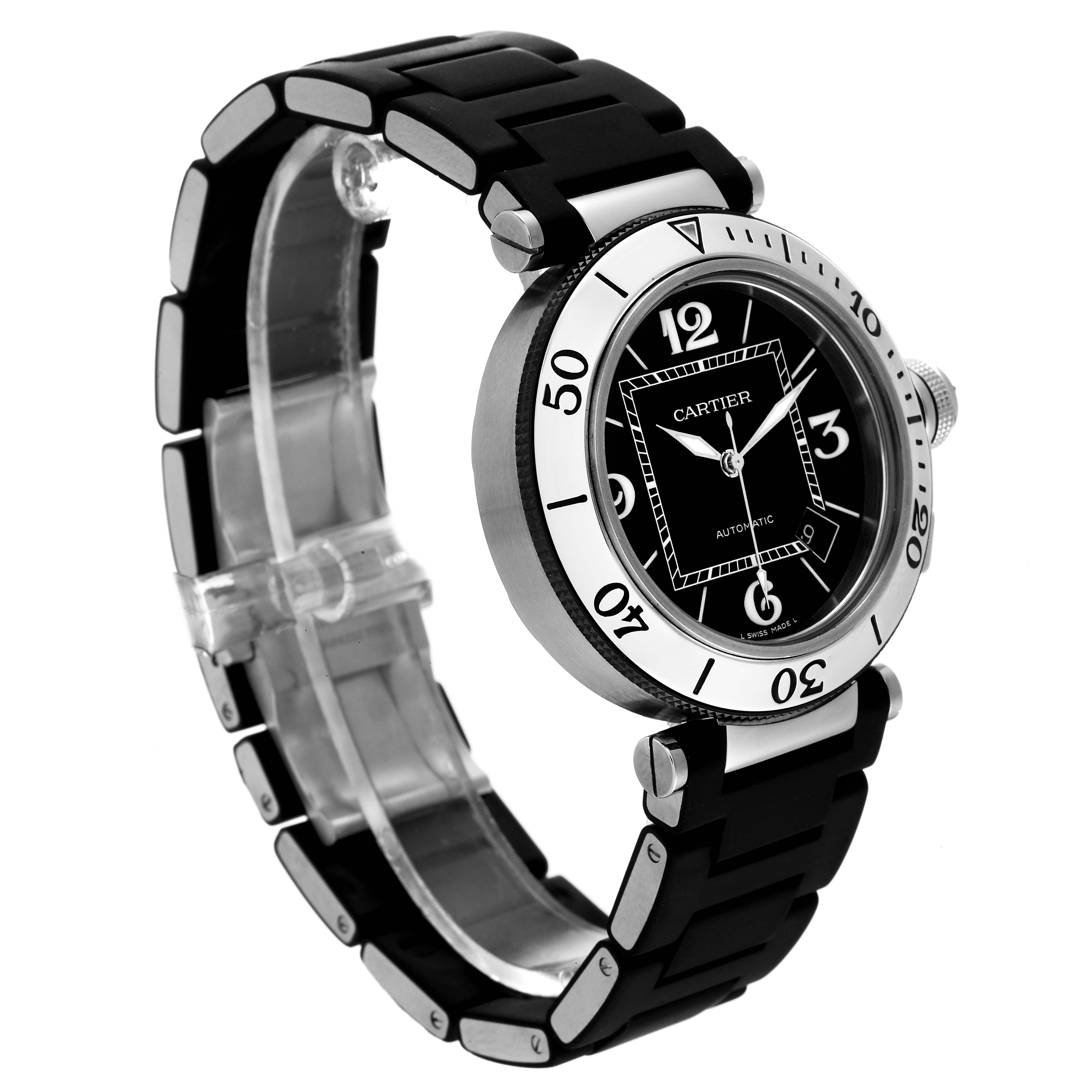This is a side angle view of the Cartier Pasha W31077U2 Men's Stainless Steel Black Dial W31077U2 Men's Stainless Steel Black Dial watch, showing its black strap and detailed face.