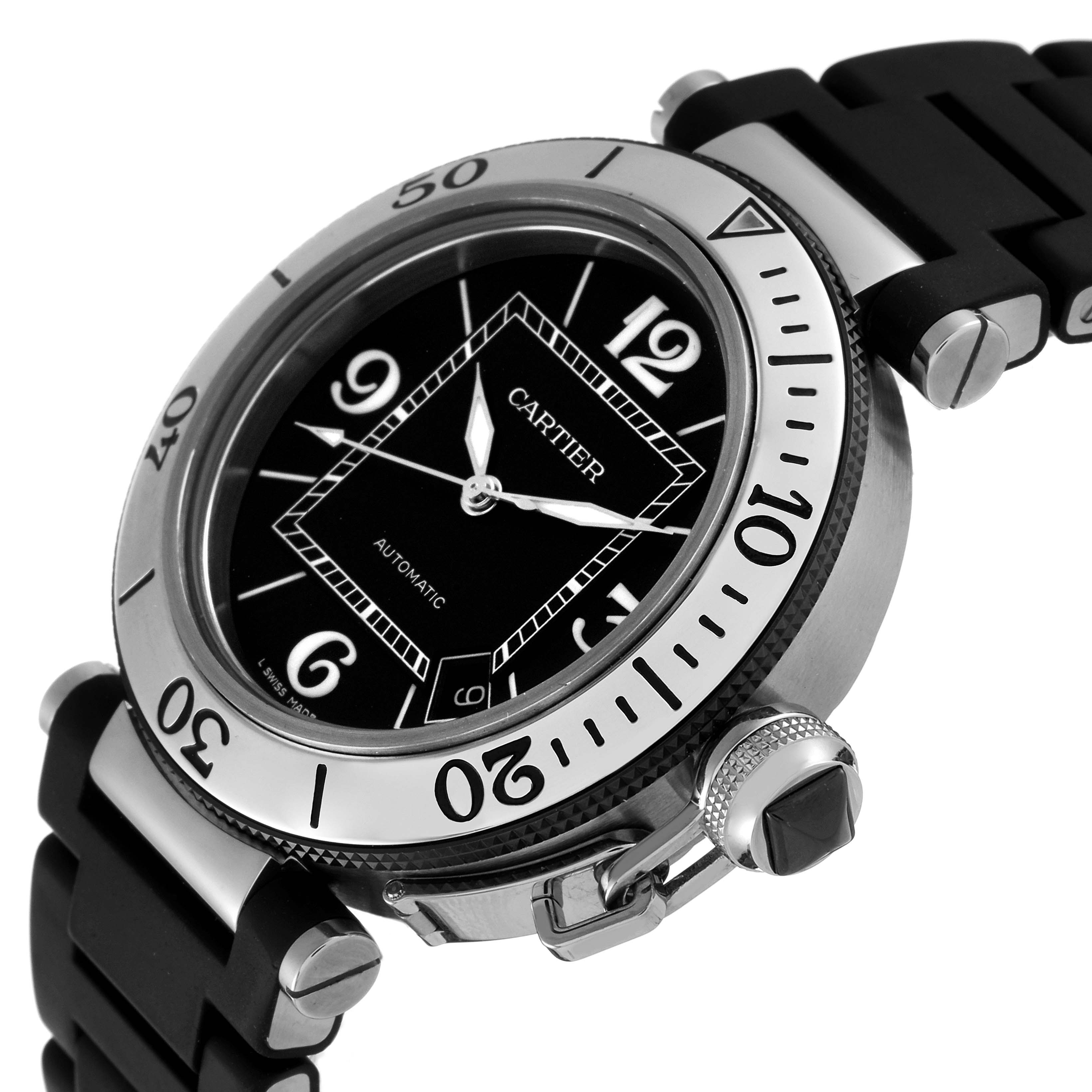 This image shows a close-up side view of the Cartier Pasha W31077U2 Men's Stainless Steel Black Dial W31077U2 Men's Stainless Steel Black Dial watch, focusing on the dial, bezel, crown, and bracelet.