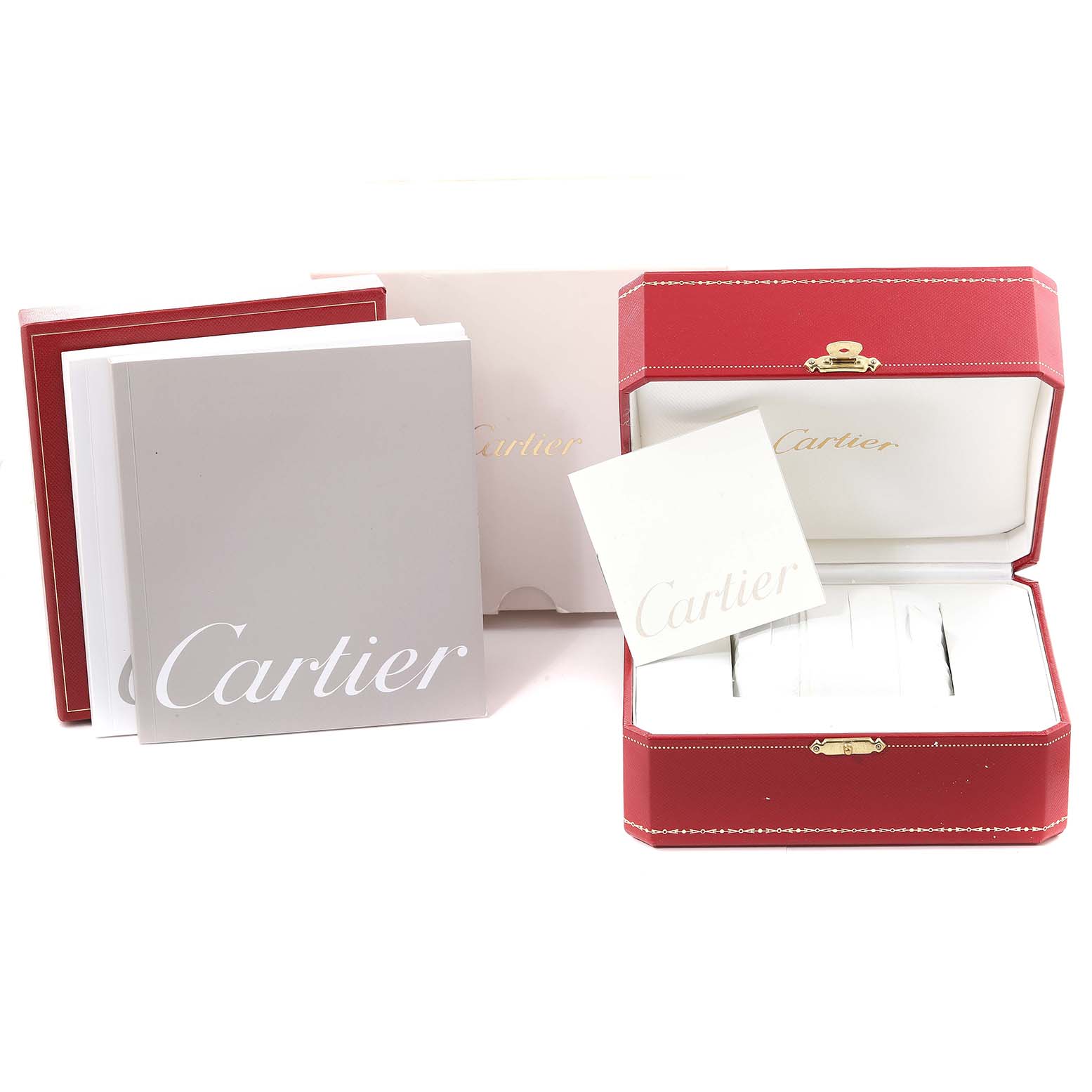 The image shows the packaging, manual, and red watch box for the Cartier Pasha W31077U2 Men's Stainless Steel Black Dial W31077U2 Men's Stainless Steel Black Dial model.