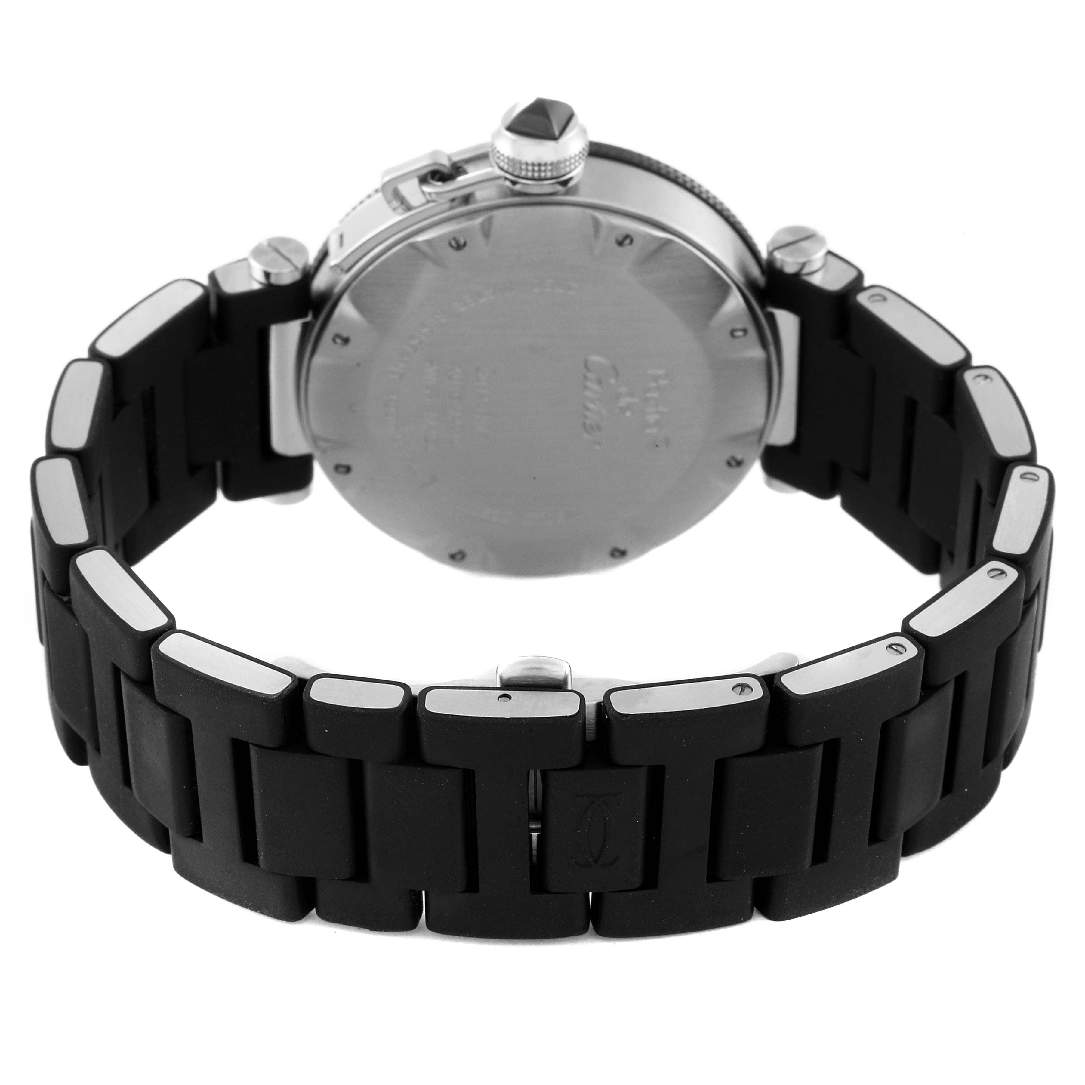 The image shows the back and strap of a Pasha model watch by Cartier, highlighting its black bracelet and clasp.