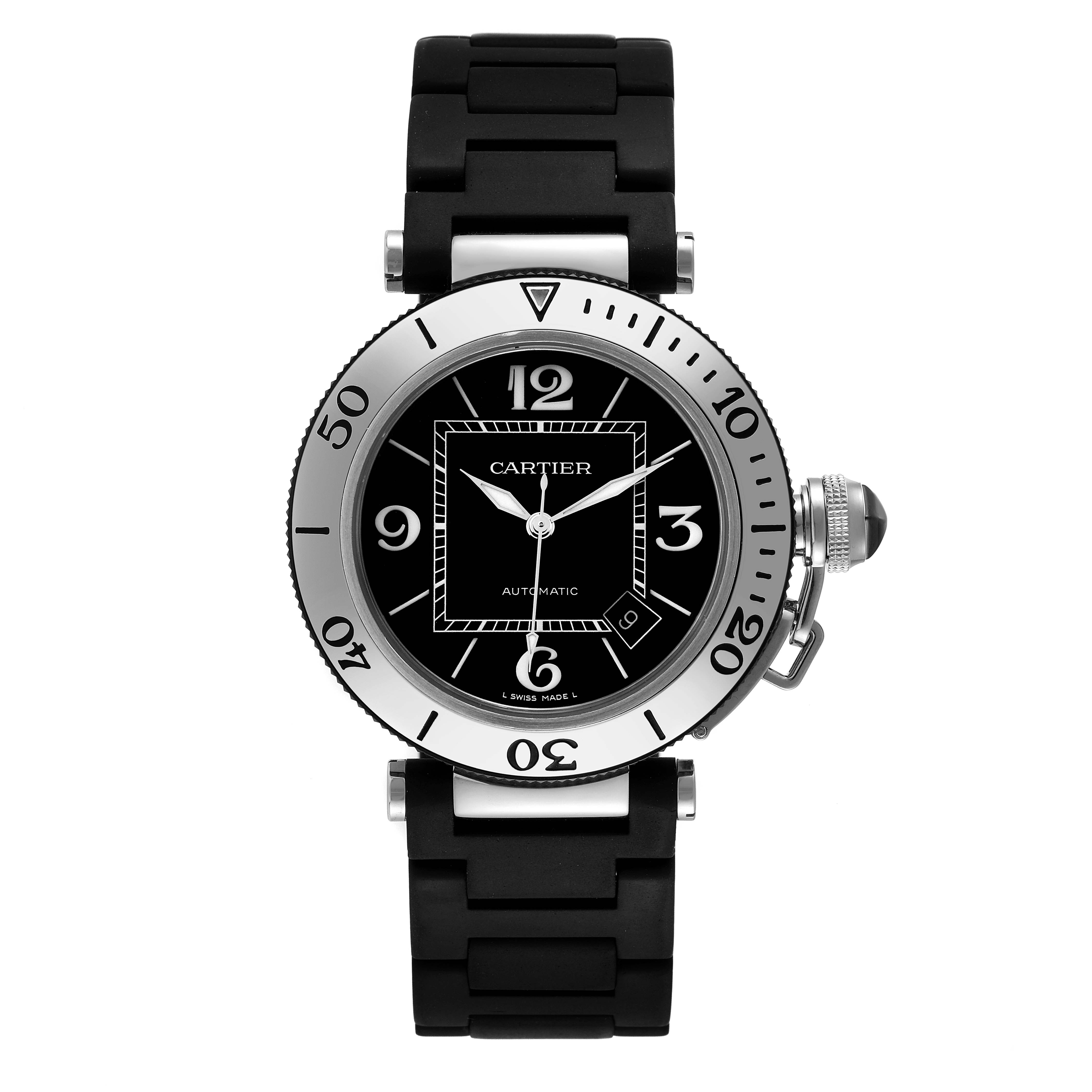 The image displays a front view of the Cartier Pasha W31077U2 Men's Stainless Steel Black Dial W31077U2 Men's Stainless Steel Black Dial watch, featuring its black dial, bezel, and rubber strap.