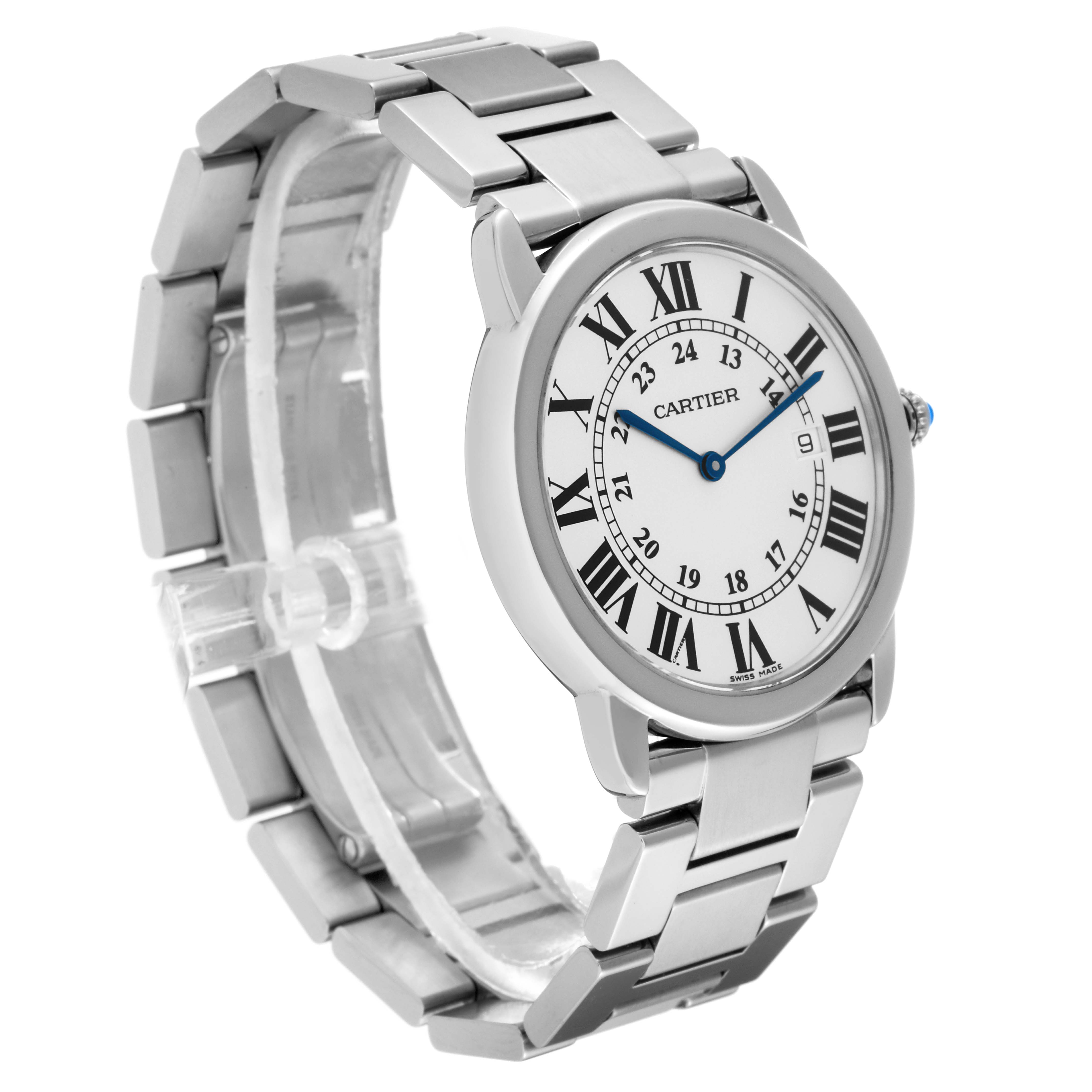 This image shows a Cartier Ronde W6701005 Men
s Stainless Steel Silver Dial W6701005 Men
s Stainless Steel Silver Dial watch at a three-quarter angle, highlighting its face, Roman numerals, and metal bracelet.