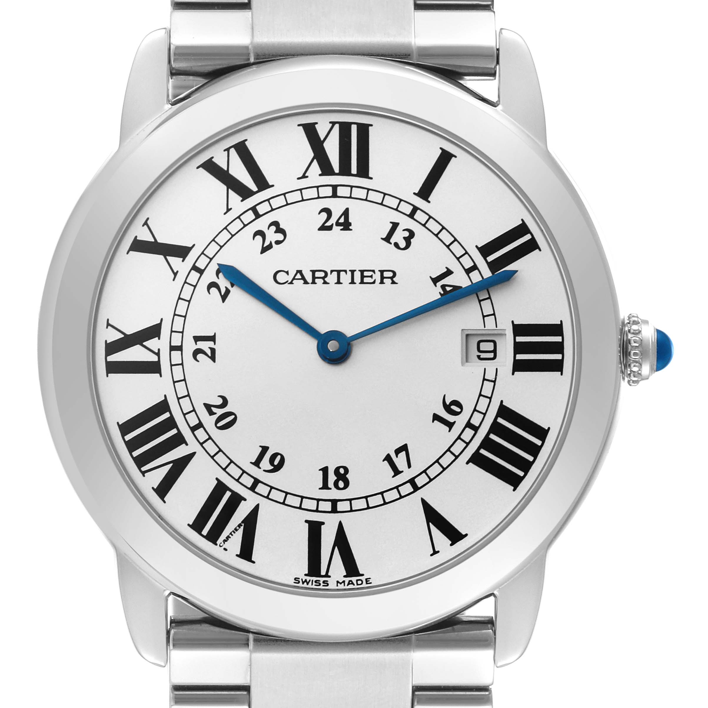 This image shows a front view of the Cartier Ronde W6701005 Men
s Stainless Steel Silver Dial W6701005 Men
s Stainless Steel Silver Dial model watch, highlighting its face, hour markers, hands, and bracelet.