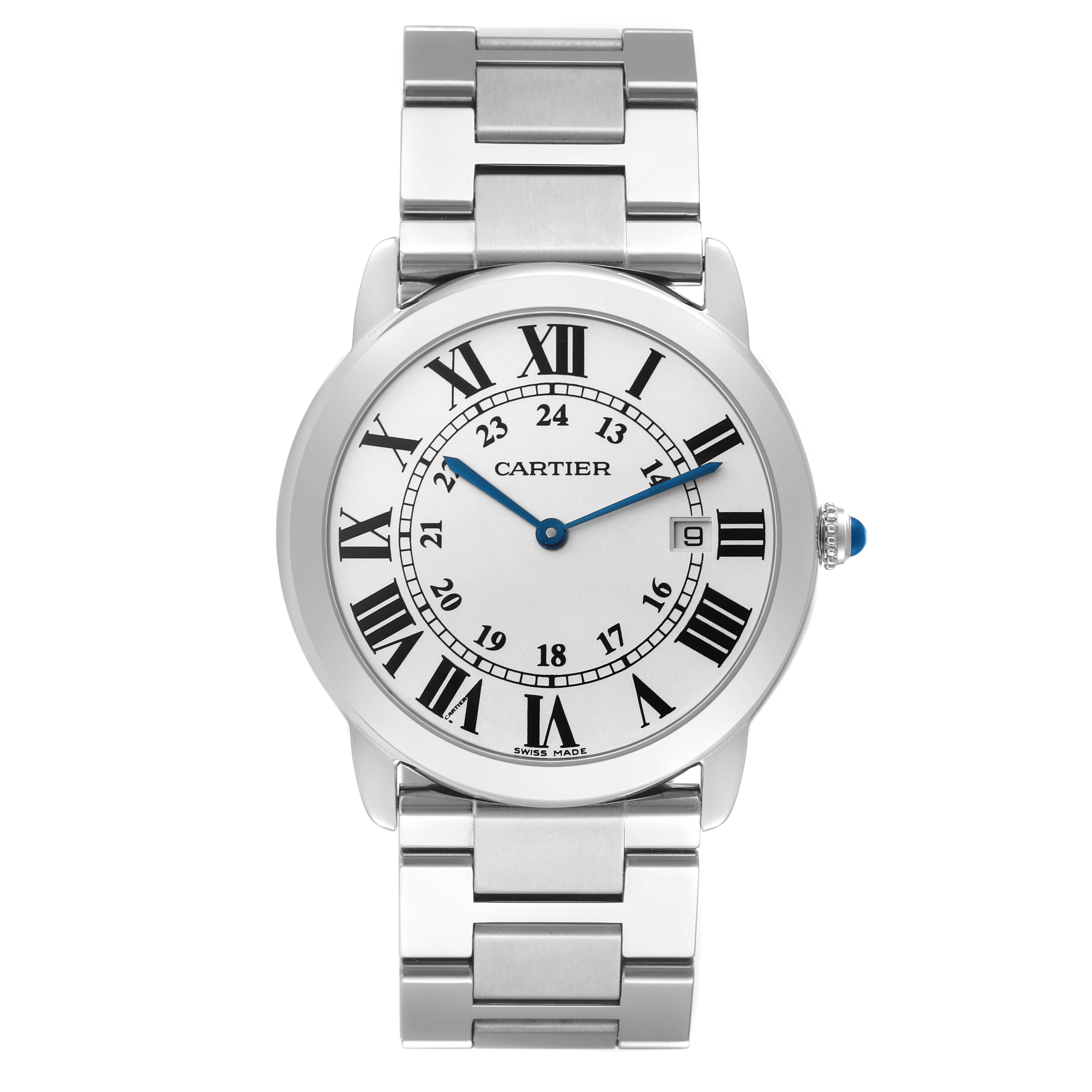 This Cartier Ronde W6701005 Men
s Stainless Steel Silver Dial W6701005 Men
s Stainless Steel Silver Dial watch is shown from the front, displaying its face, bezel, and metal bracelet.