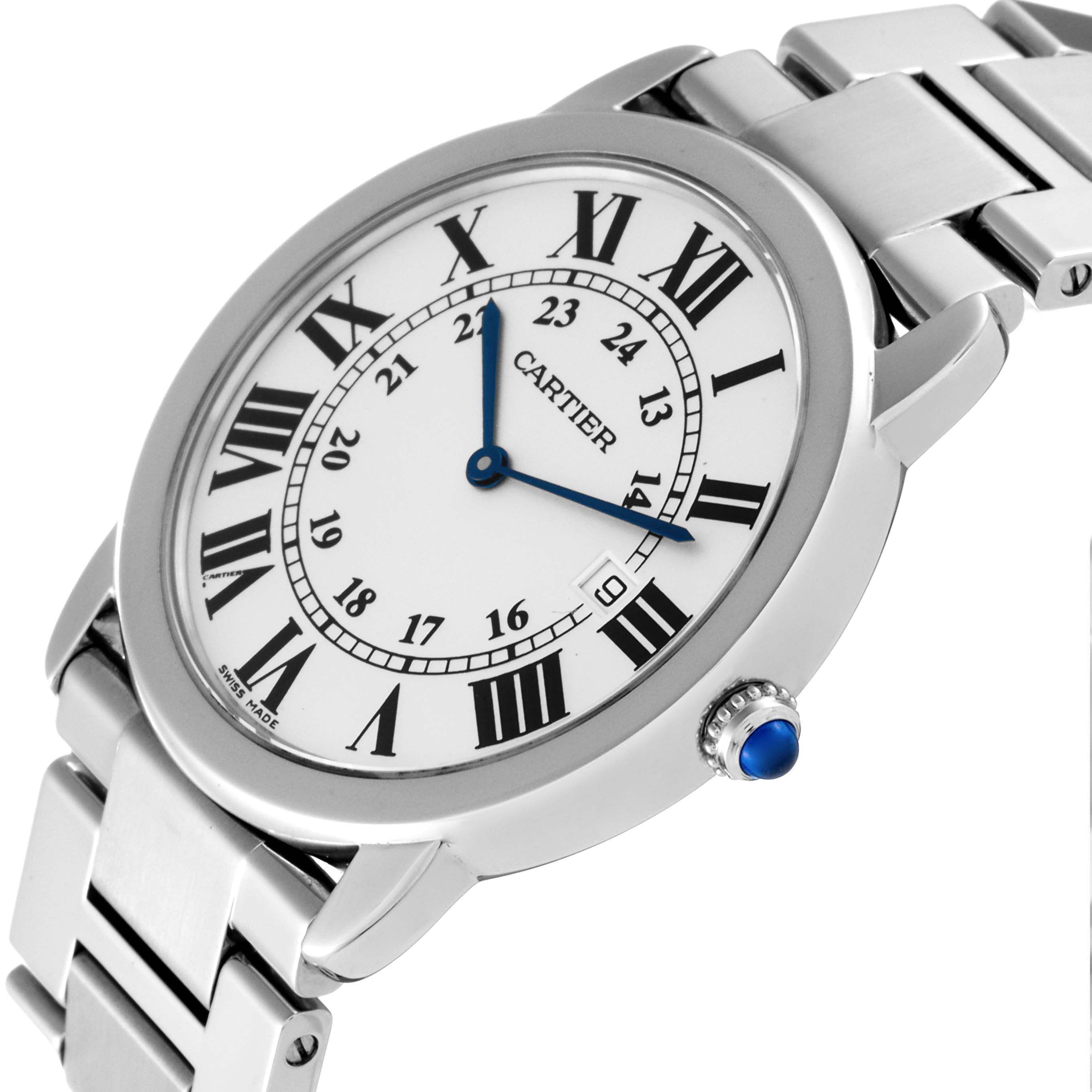 The image shows a Cartier Ronde W6701005 Men
s Stainless Steel Silver Dial W6701005 Men
s Stainless Steel Silver Dial model watch at a slightly tilted angle, featuring its face, crown, and part of the metal bracelet.