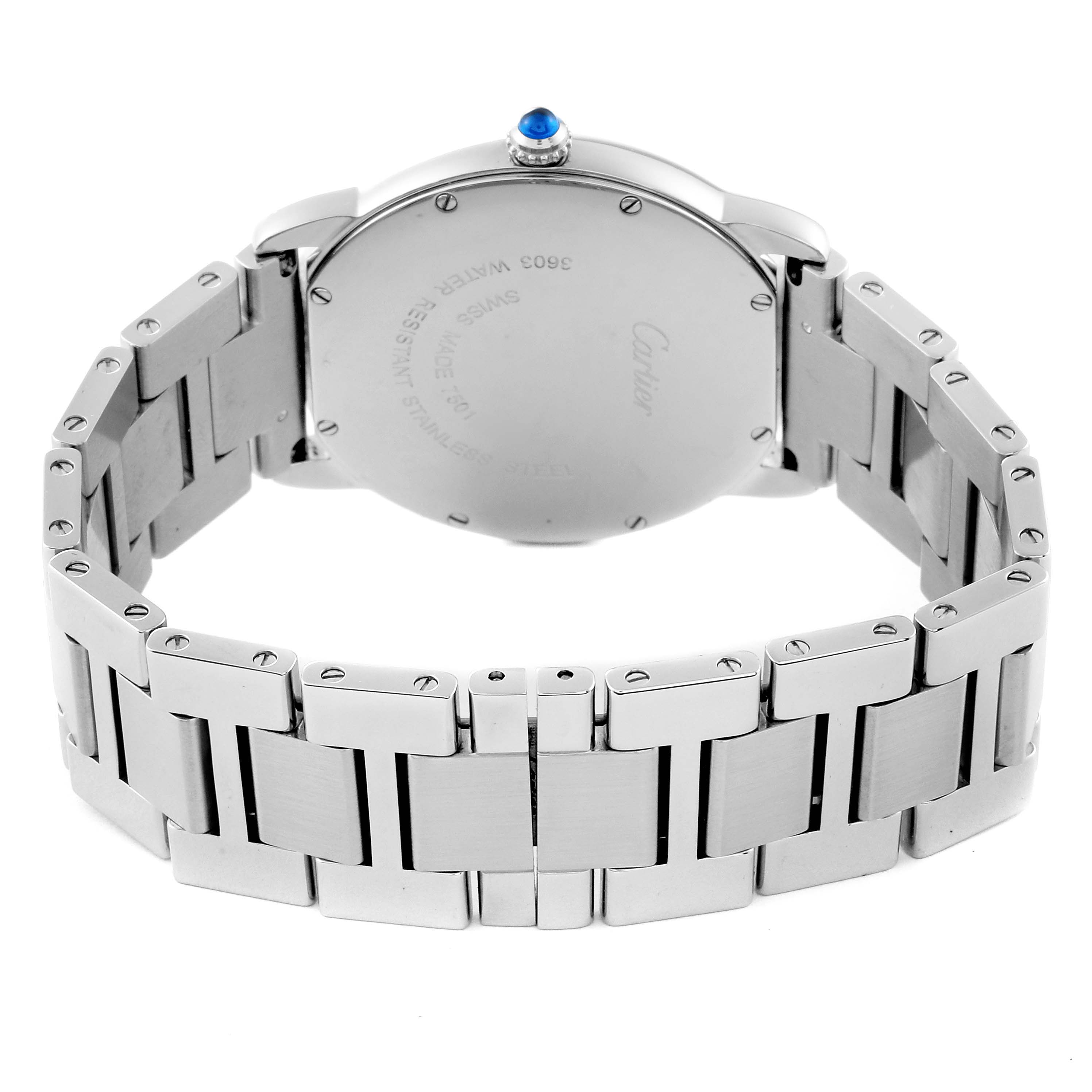 The image shows the back view and bracelet of a Cartier Ronde W6701005 Men's Stainless Steel Silver Dial W6701005 Men's Stainless Steel Silver Dial watch, highlighting its case back and metal link band.