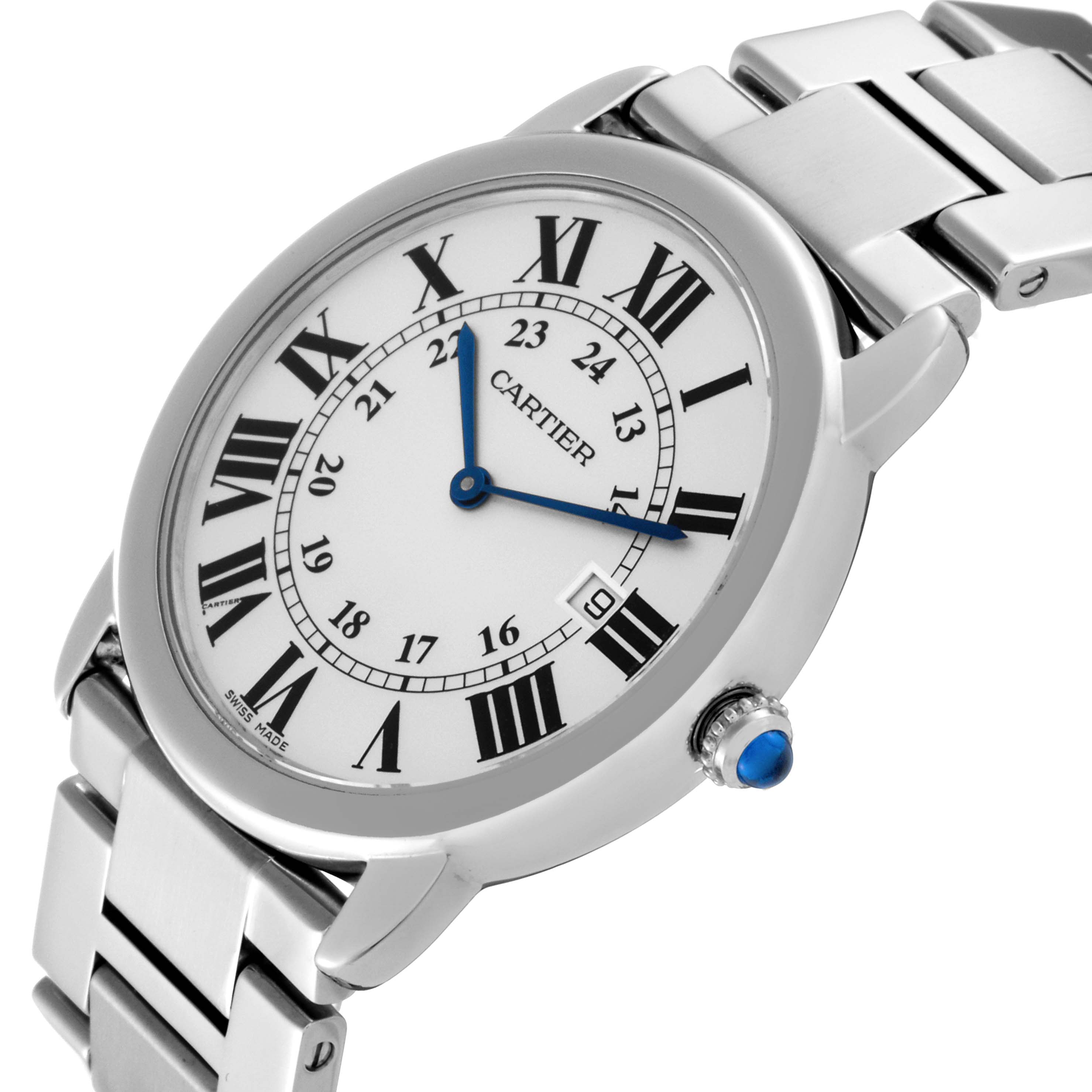 The image shows a Ronde model by Cartier from a slight angled perspective, highlighting its Roman numeral dial and metal bracelet.