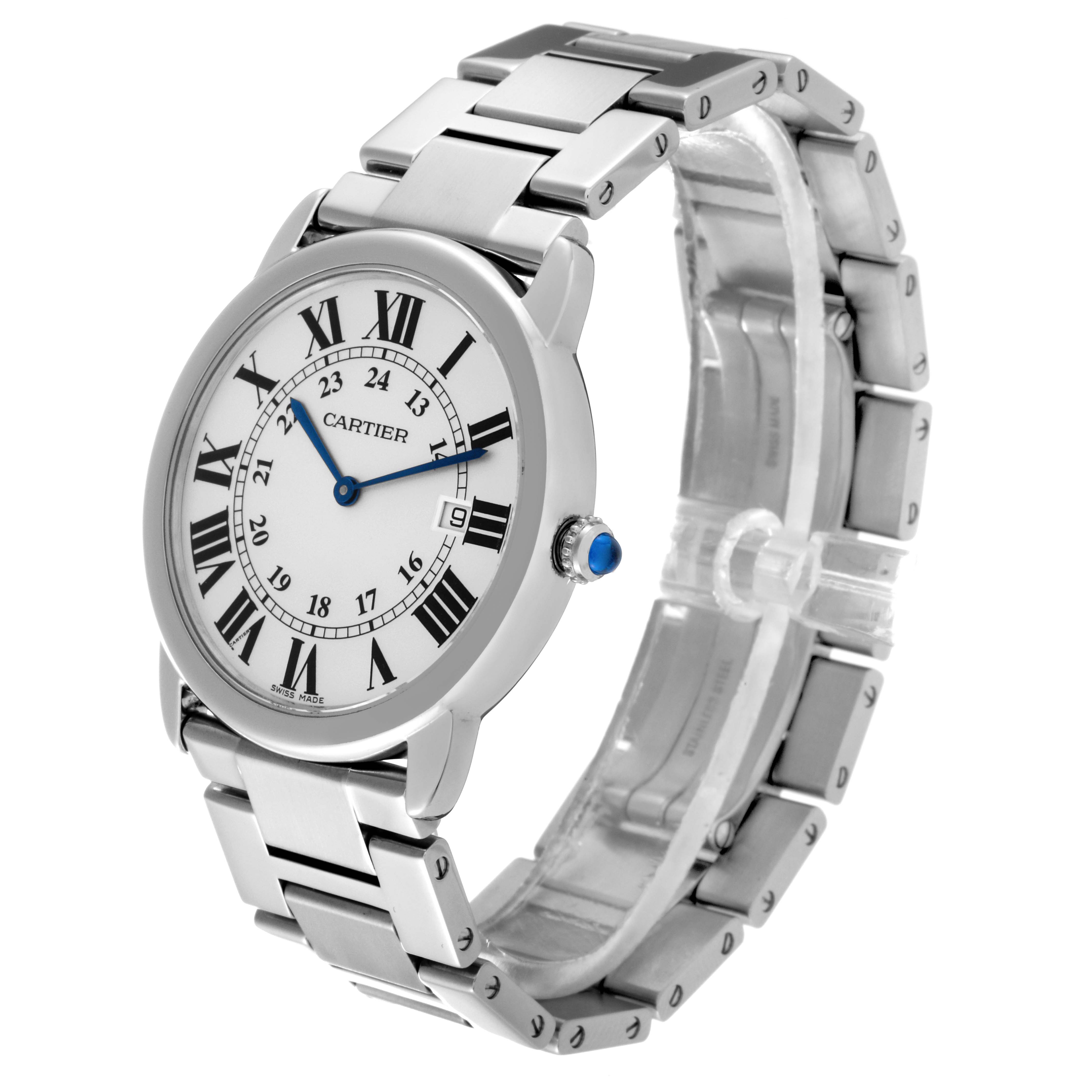 The image displays a Cartier Ronde W6701005 Men's Stainless Steel Silver Dial W6701005 Men's Stainless Steel Silver Dial watch from an angled view, showing its face, crown, and metal bracelet.
