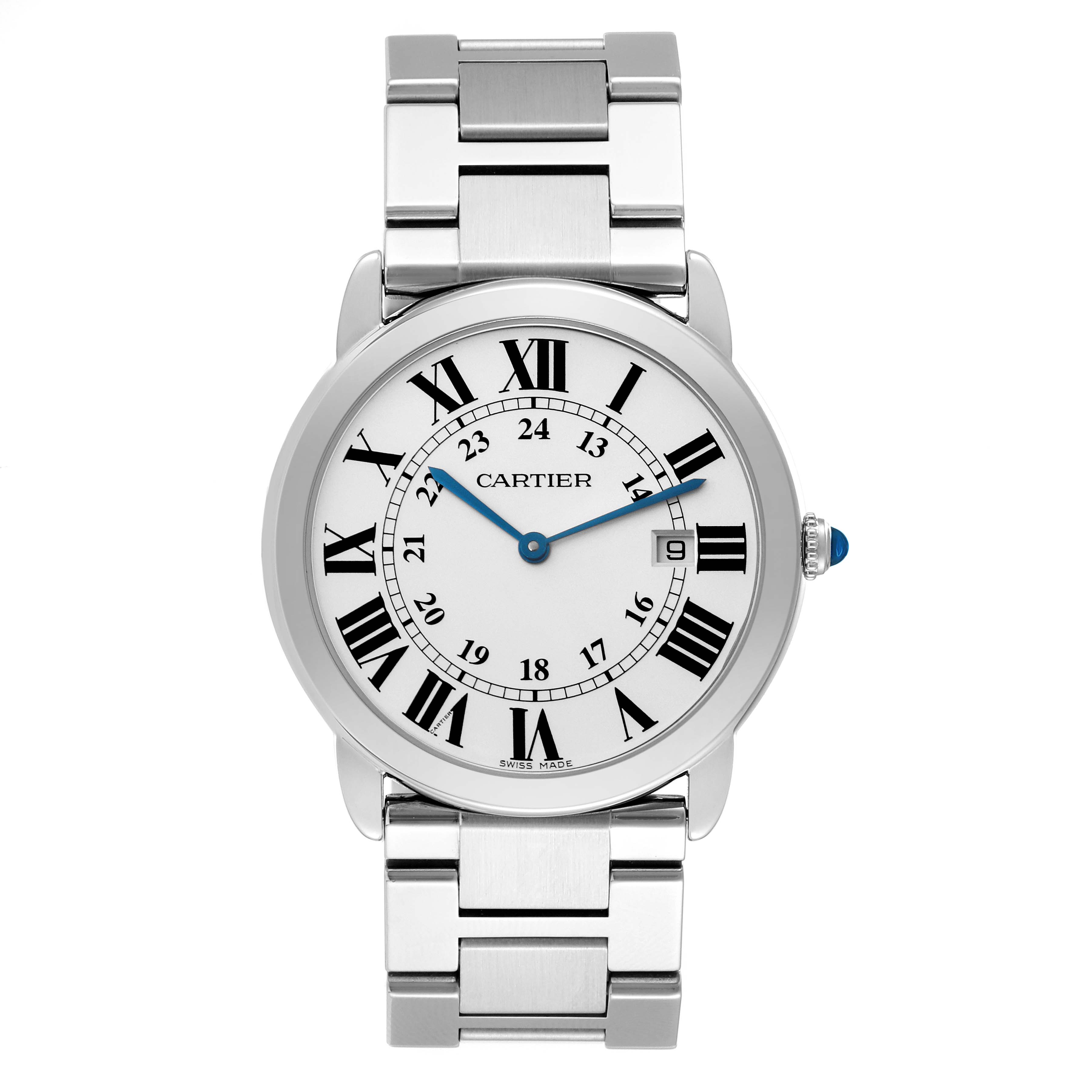 The image shows a front view of a Cartier Ronde W6701005 Men's Stainless Steel Silver Dial W6701005 Men's Stainless Steel Silver Dial model watch, displaying its face and stainless steel bracelet.