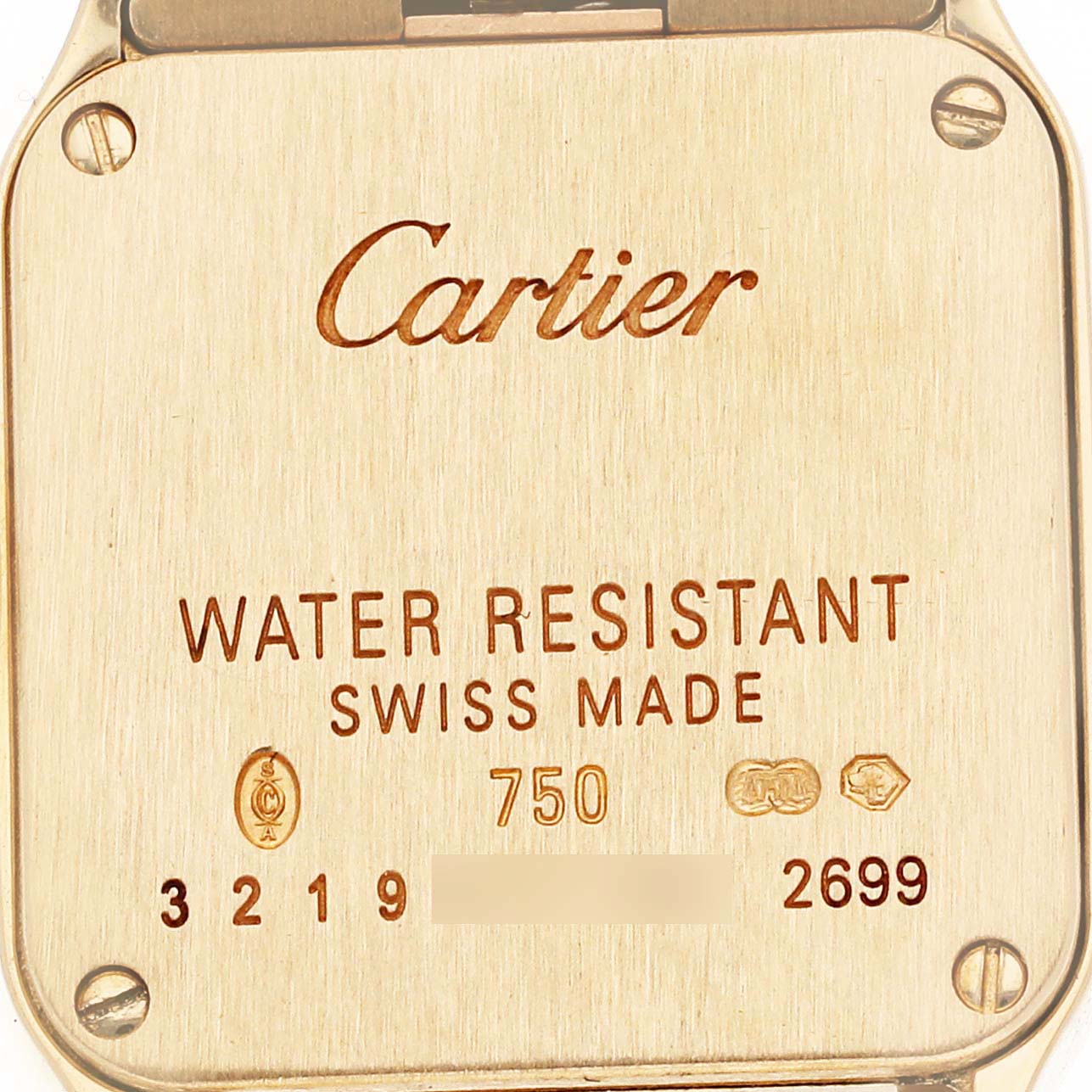 The image shows the back case of the Cartier Santos Demoiselle W25063X9 Women's Yellow Gold Silver Dial W25063X9 Women's Yellow Gold Silver Dial watch, detailing its water resistance and other specifications.