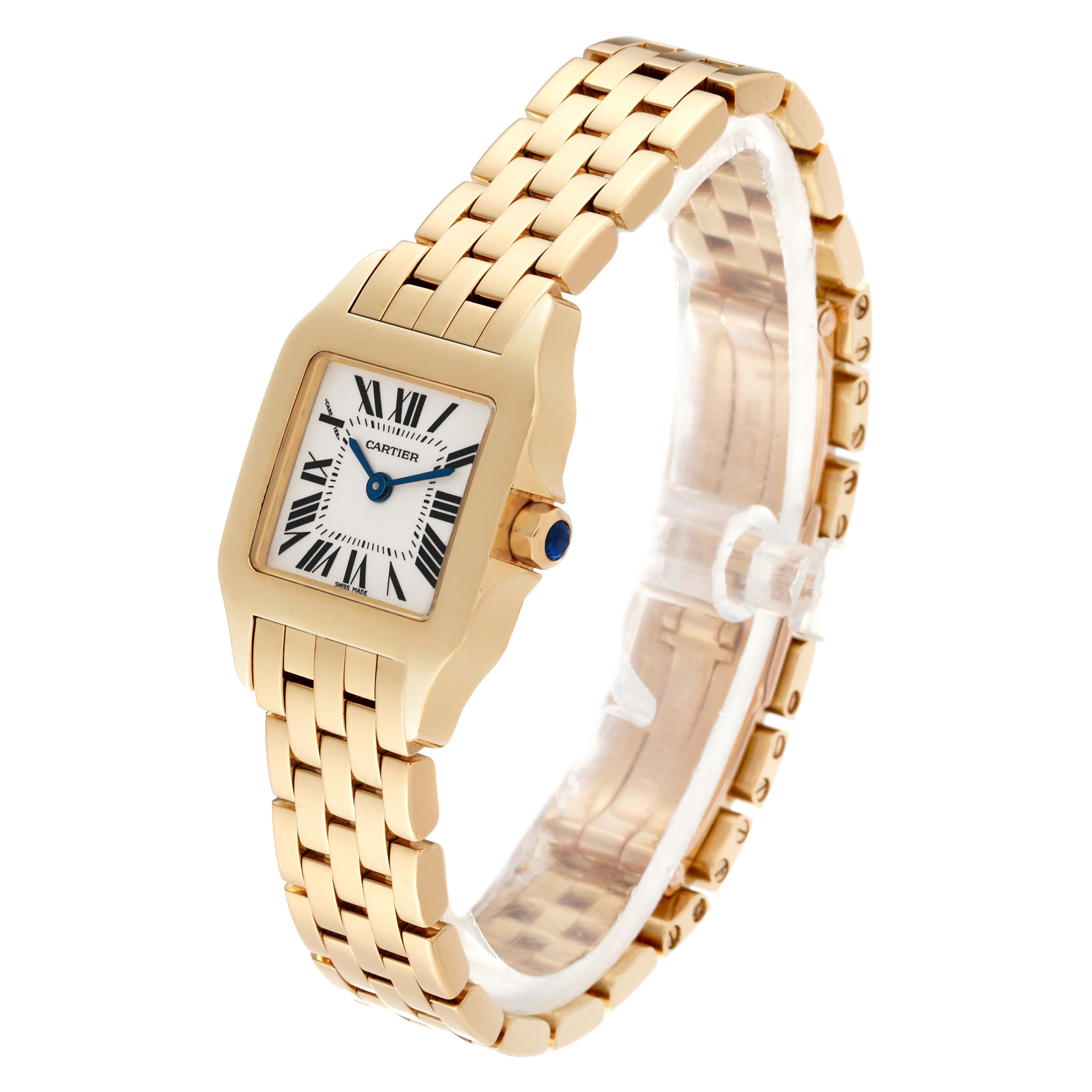 The Cartier Santos Demoiselle W25063X9 Women's Yellow Gold Silver Dial W25063X9 Women's Yellow Gold Silver Dial watch is shown at a three-quarter angle, displaying the face, bracelet, and crown.