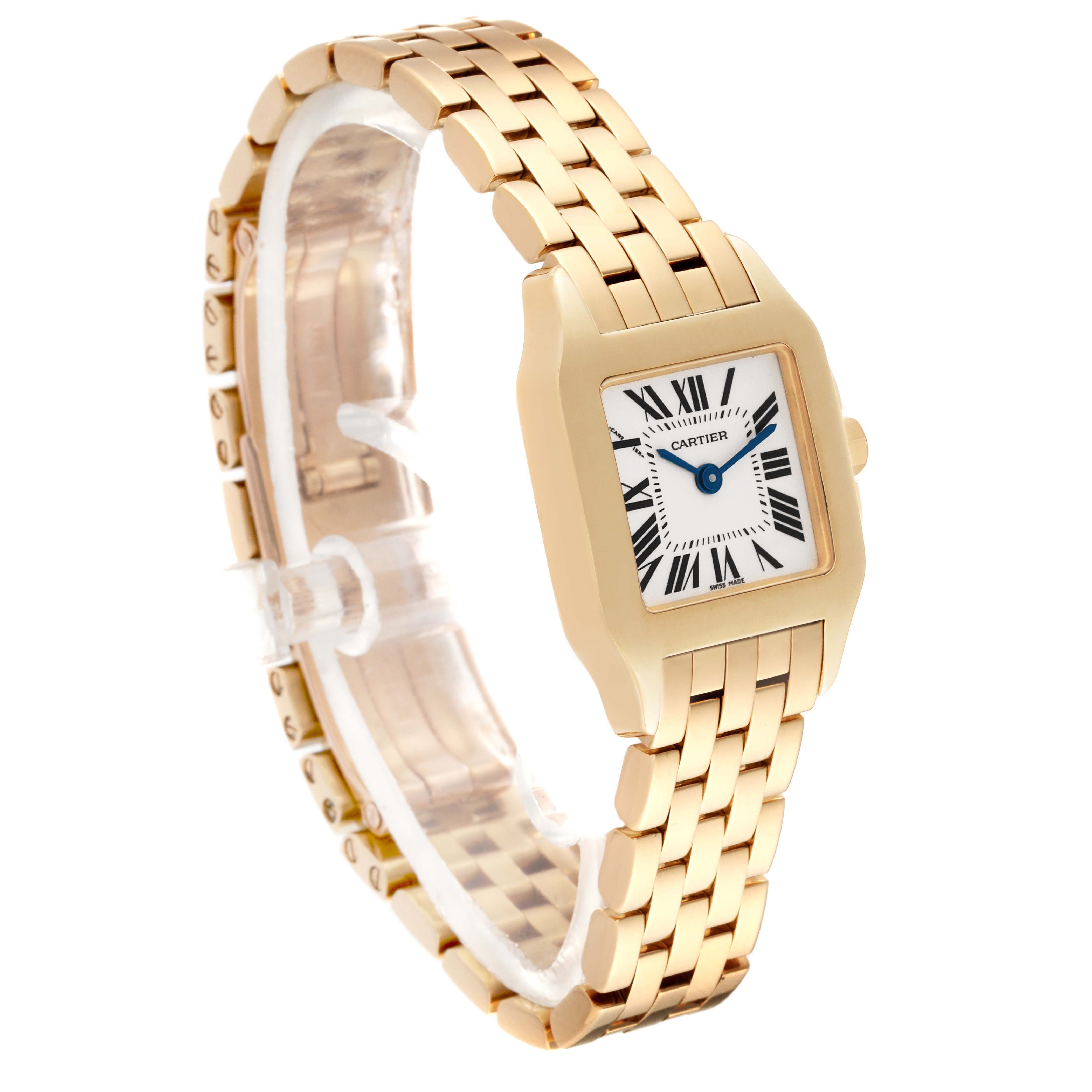 The image shows a Santos Demoiselle watch by Cartier angled to display its face, bracelet, and part of the clasp.