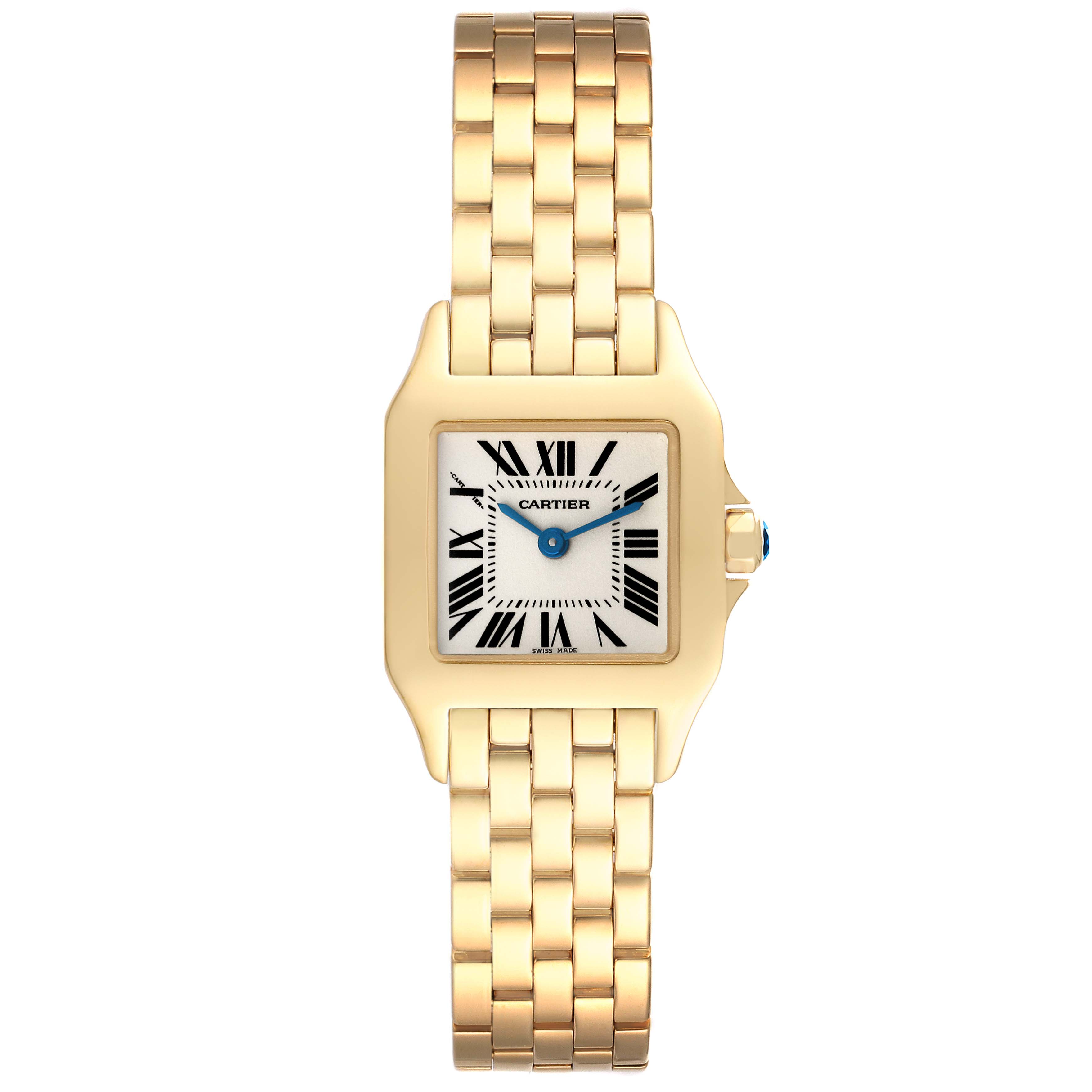 The image shows a Cartier Santos Demoiselle W25063X9 Women's Yellow Gold Silver Dial W25063X9 Women's Yellow Gold Silver Dial watch from a top-down angle, highlighting its gold case, bracelet, and white dial with Roman numerals.