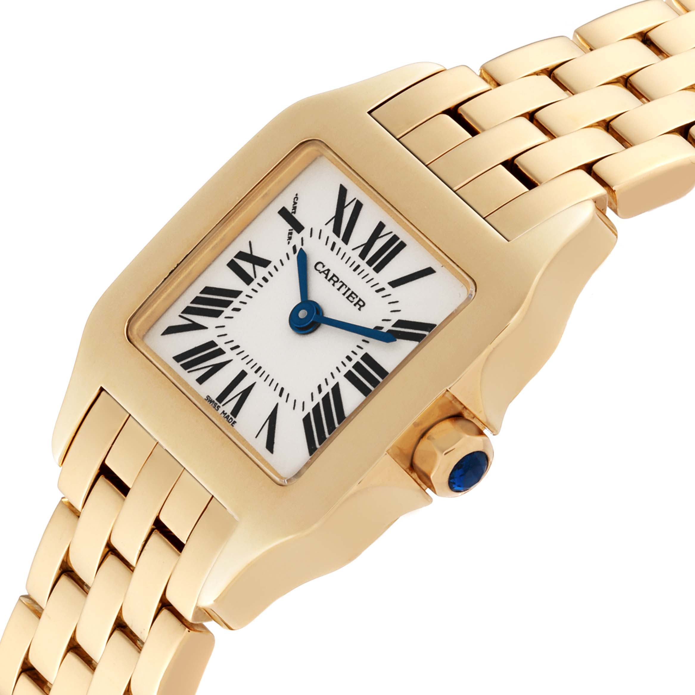 The image shows a close-up angle of the Cartier Santos Demoiselle W25063X9 Women's Yellow Gold Silver Dial W25063X9 Women's Yellow Gold Silver Dial watch, highlighting the dial, bezel, and bracelet.