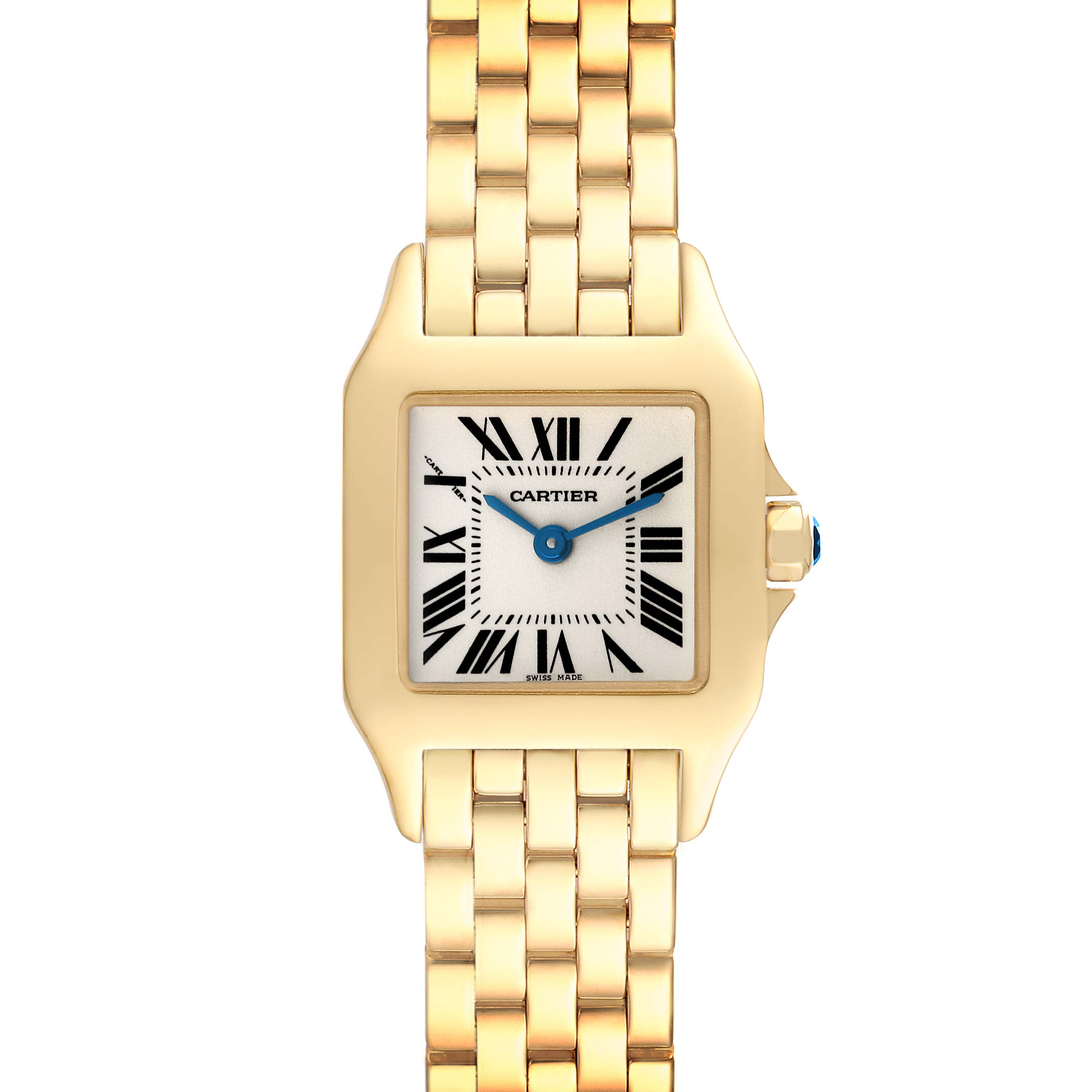 The image shows a front view of the Cartier Santos Demoiselle W25063X9 Women's Yellow Gold Silver Dial W25063X9 Women's Yellow Gold Silver Dial watch, featuring its gold bracelet and square face with Roman numerals.