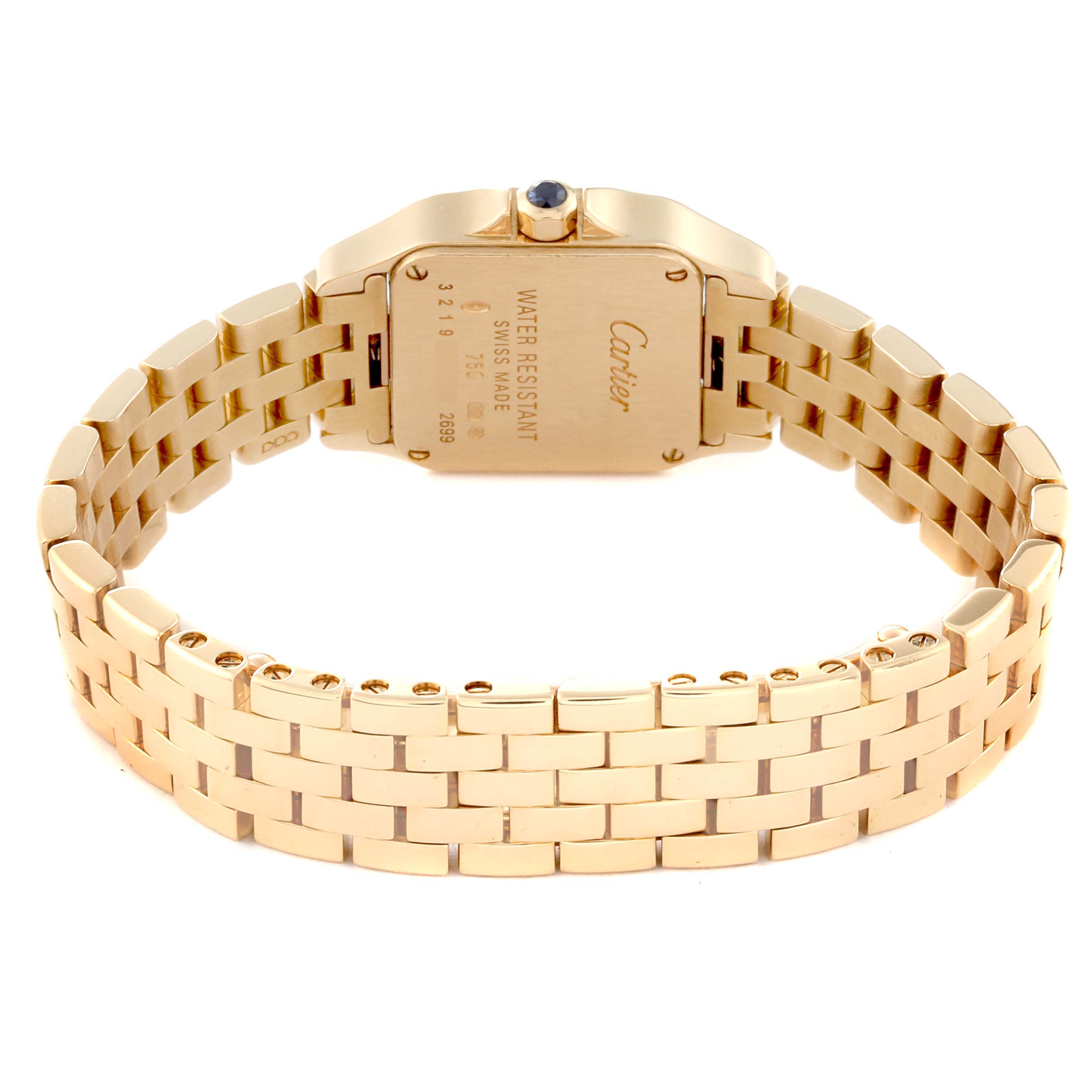 The image shows the back view of the Cartier Santos Demoiselle W25063X9 Women's Yellow Gold Silver Dial W25063X9 Women's Yellow Gold Silver Dial watch, highlighting the case back and bracelet.