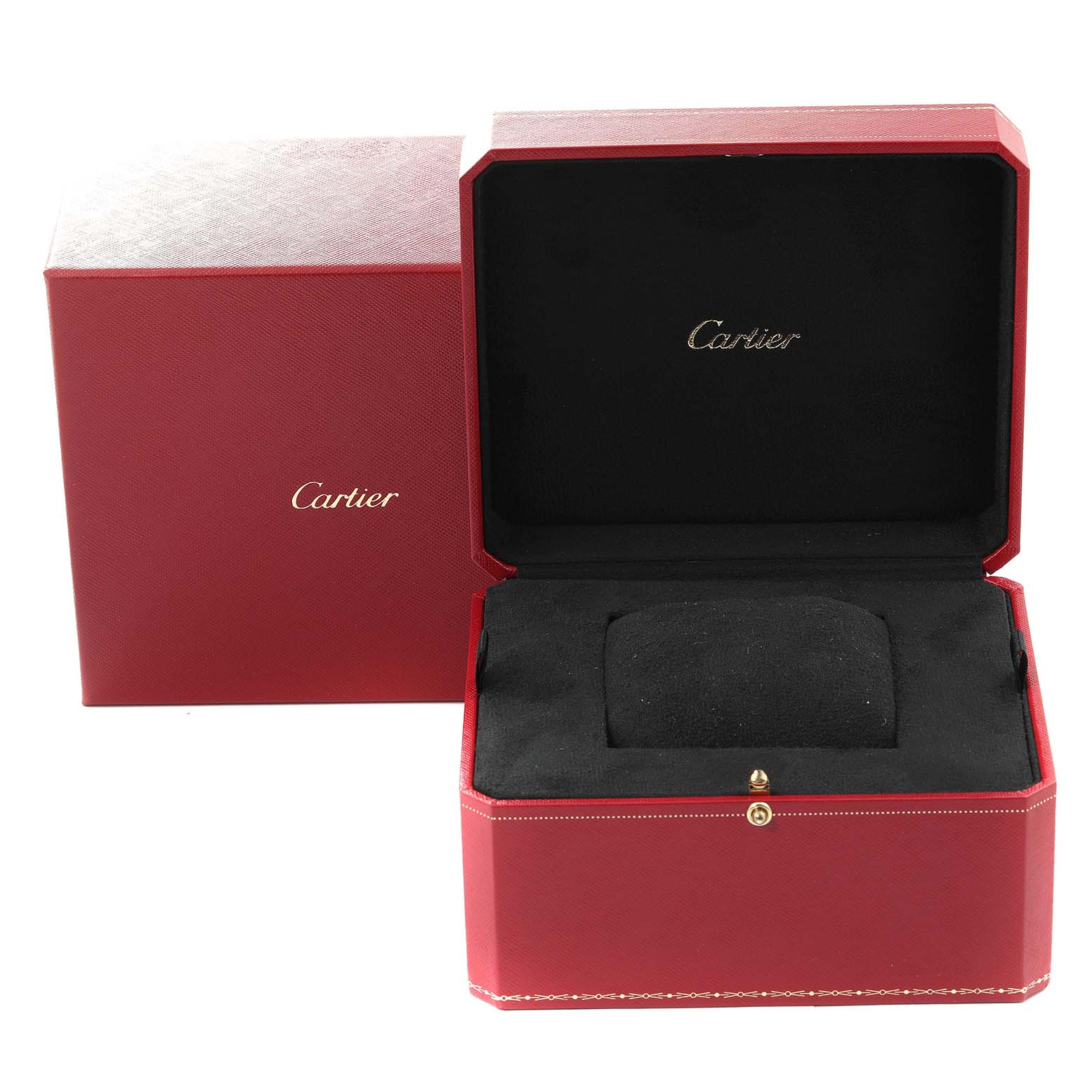 The image shows an open red box and outer packaging for the Cartier Santos Demoiselle W25063X9 Women's Yellow Gold Silver Dial W25063X9 Women's Yellow Gold Silver Dial watch.
