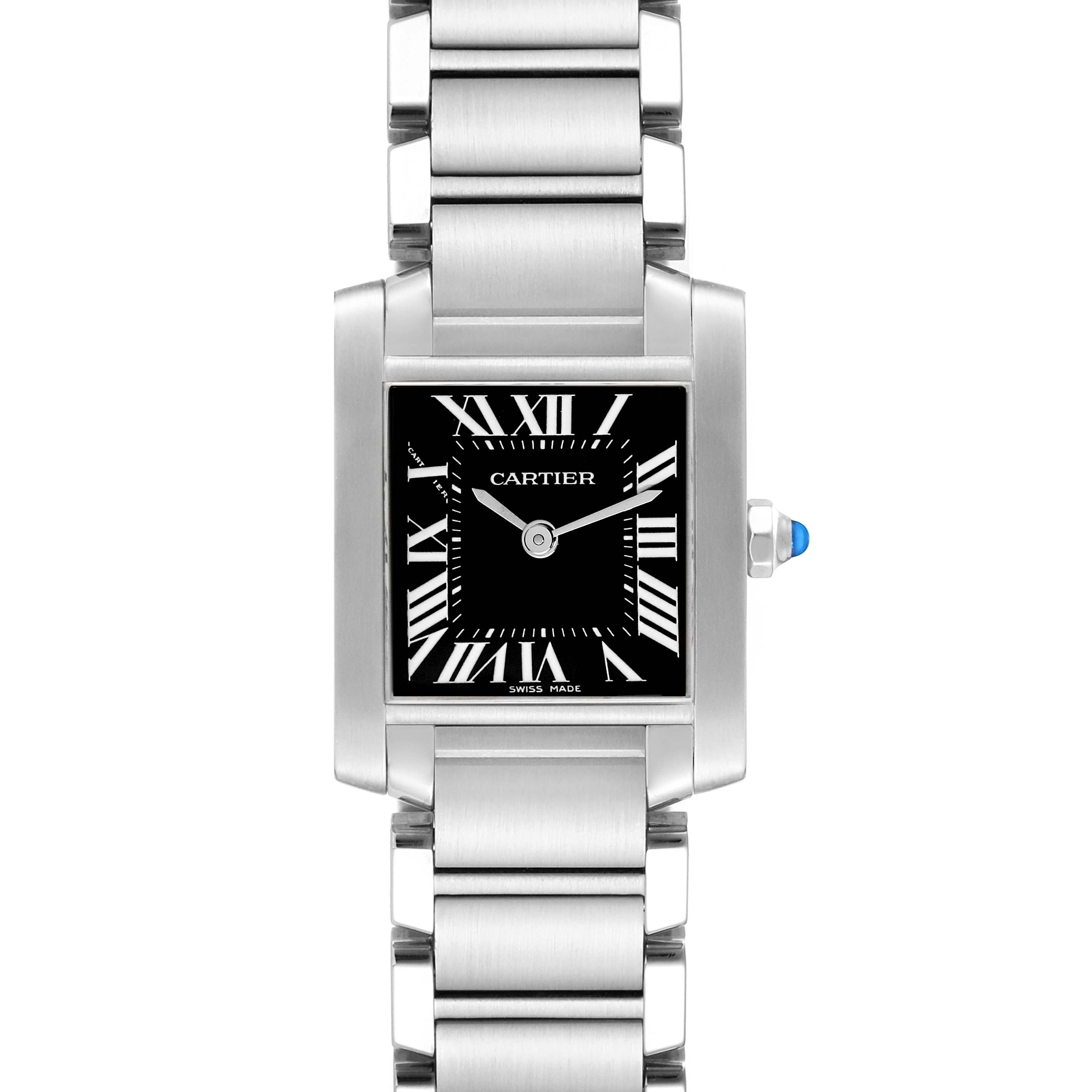 This Cartier Tank Francaise W51026Q3 Women's Stainless Steel Black Dial W51026Q3 Women's Stainless Steel Black Dial watch is shown from a straight top-down angle, highlighting the face, bezel, and bracelet.