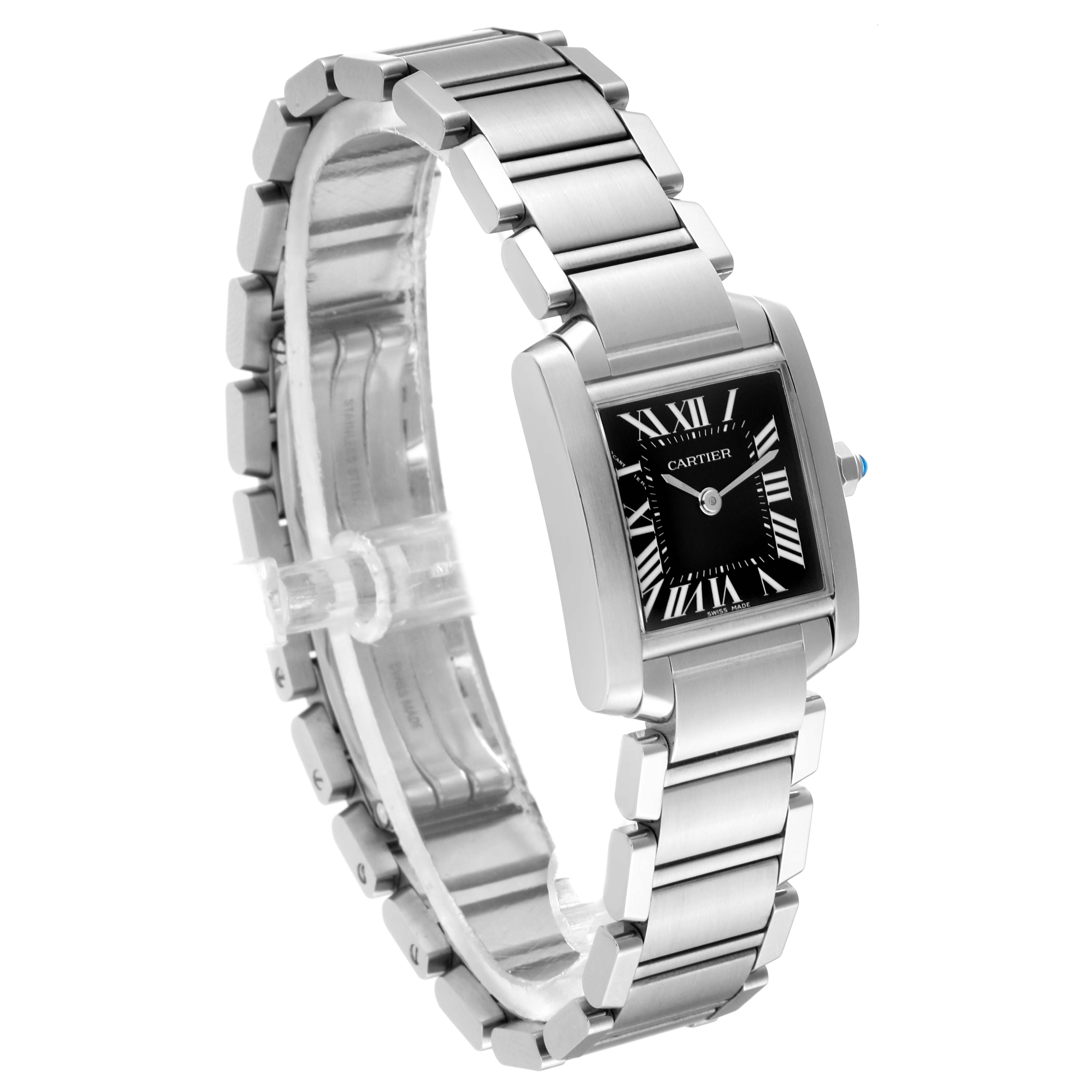 The image shows a Cartier Tank Francaise W51026Q3 Women's Stainless Steel Black Dial W51026Q3 Women's Stainless Steel Black Dial watch displayed at a three-quarter angle, highlighting its stainless steel bracelet and rectangular face.