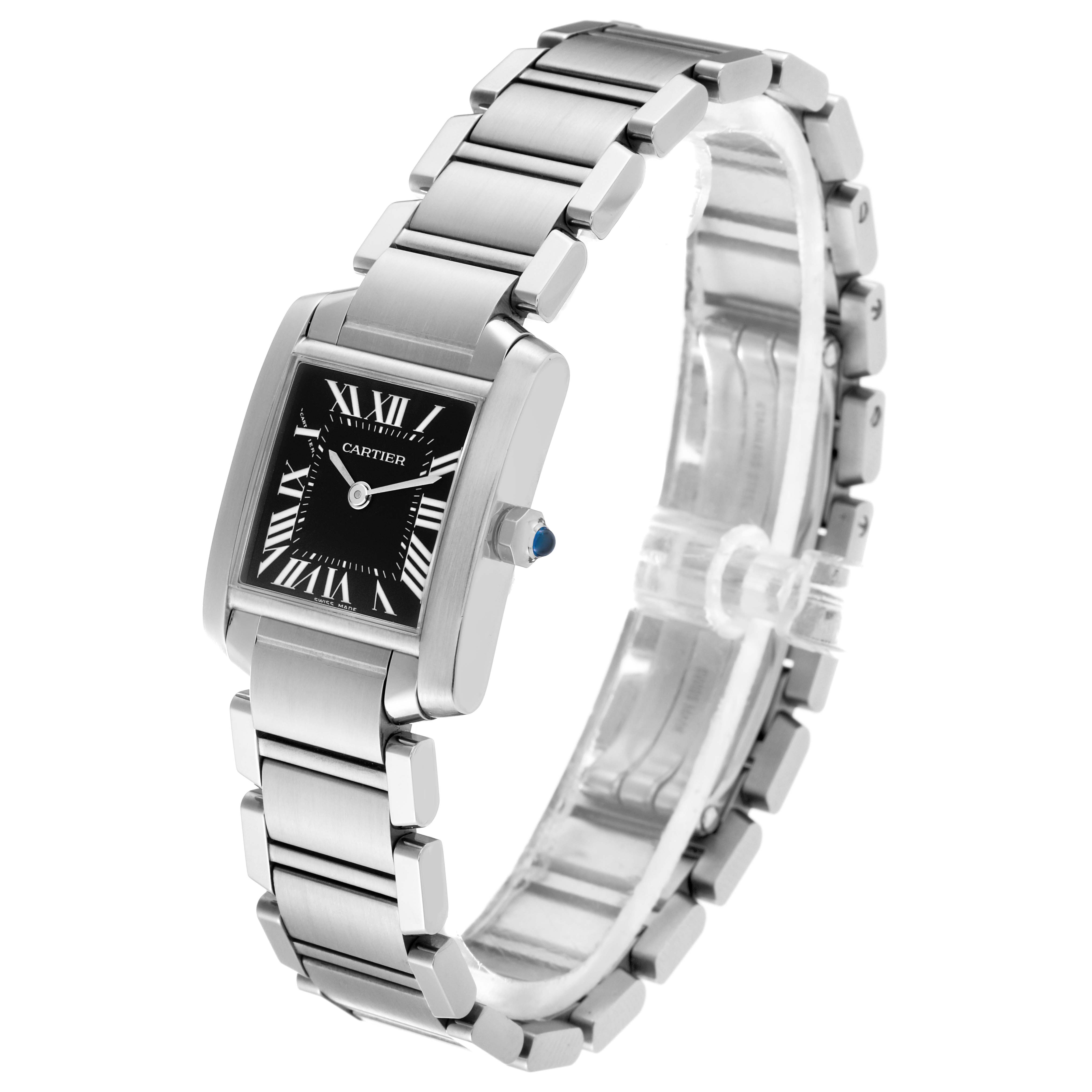 The image shows a Cartier Tank Francaise W51026Q3 Women's Stainless Steel Black Dial W51026Q3 Women's Stainless Steel Black Dial watch at a slight angle, displaying the face, entire bracelet, and the side crown.