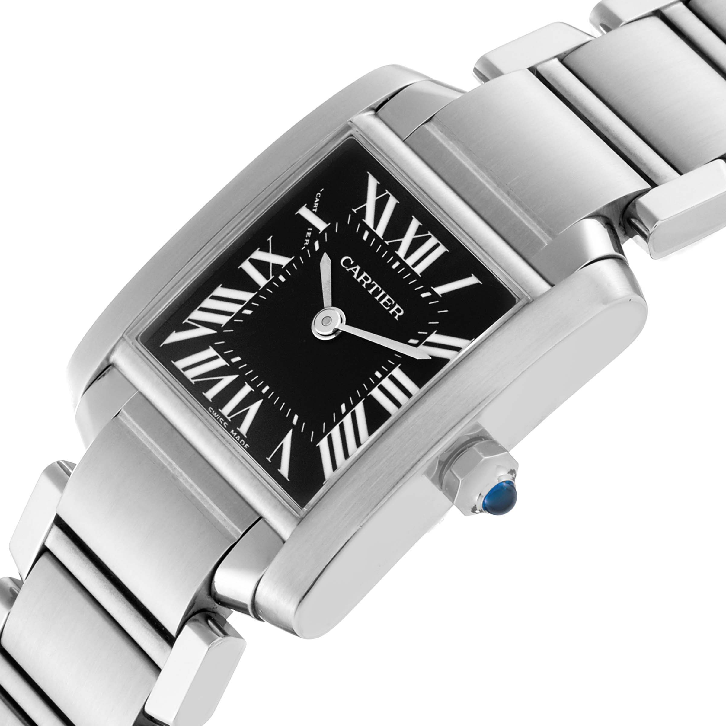 The Cartier Tank Francaise W51026Q3 Women's Stainless Steel Black Dial W51026Q3 Women's Stainless Steel Black Dial watch is shown at a tilted angle, highlighting its black dial, Roman numerals, and stainless steel bracelet.