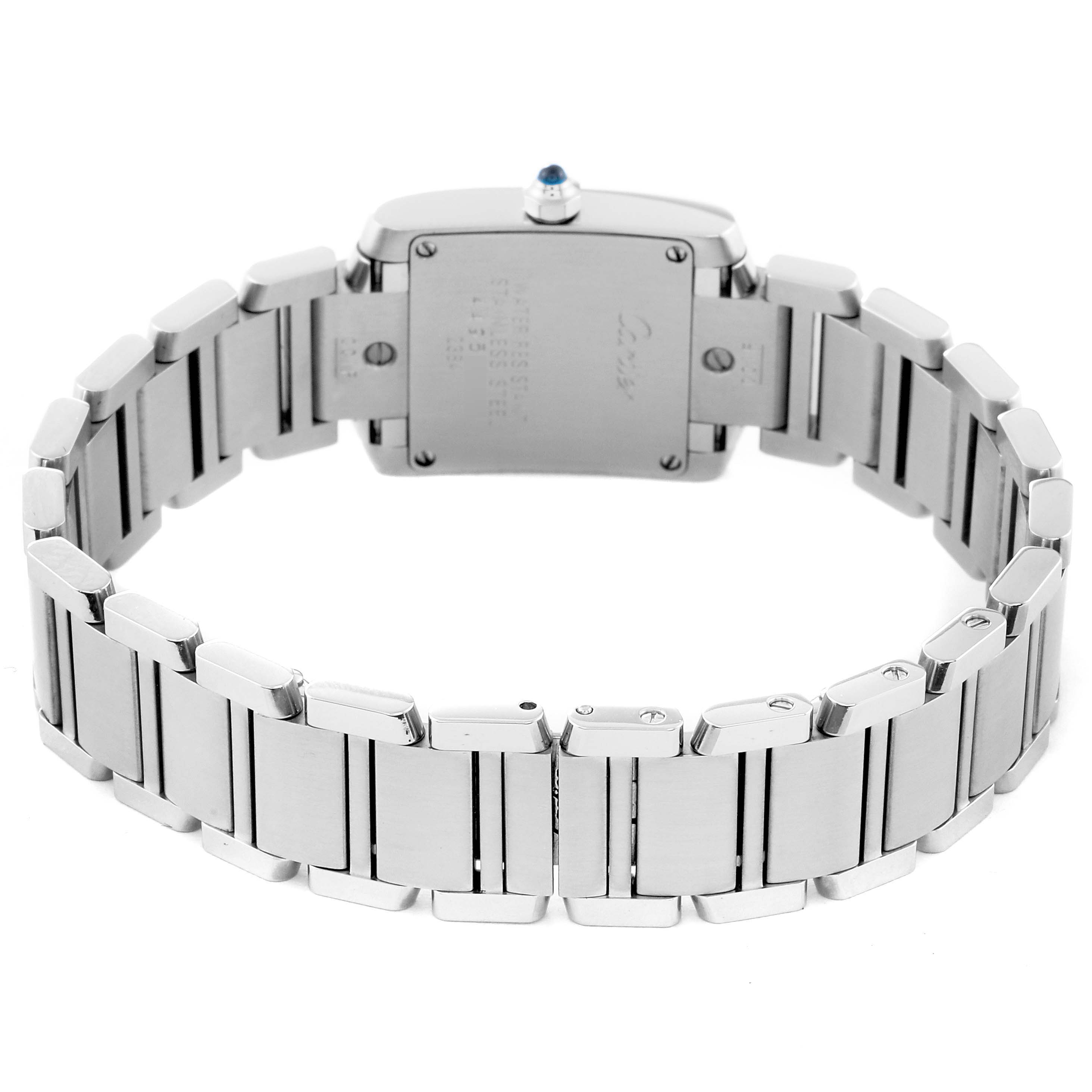 The image shows the back and bracelet of a Cartier Tank Française model watch, highlighting its clasp and stainless steel finish.