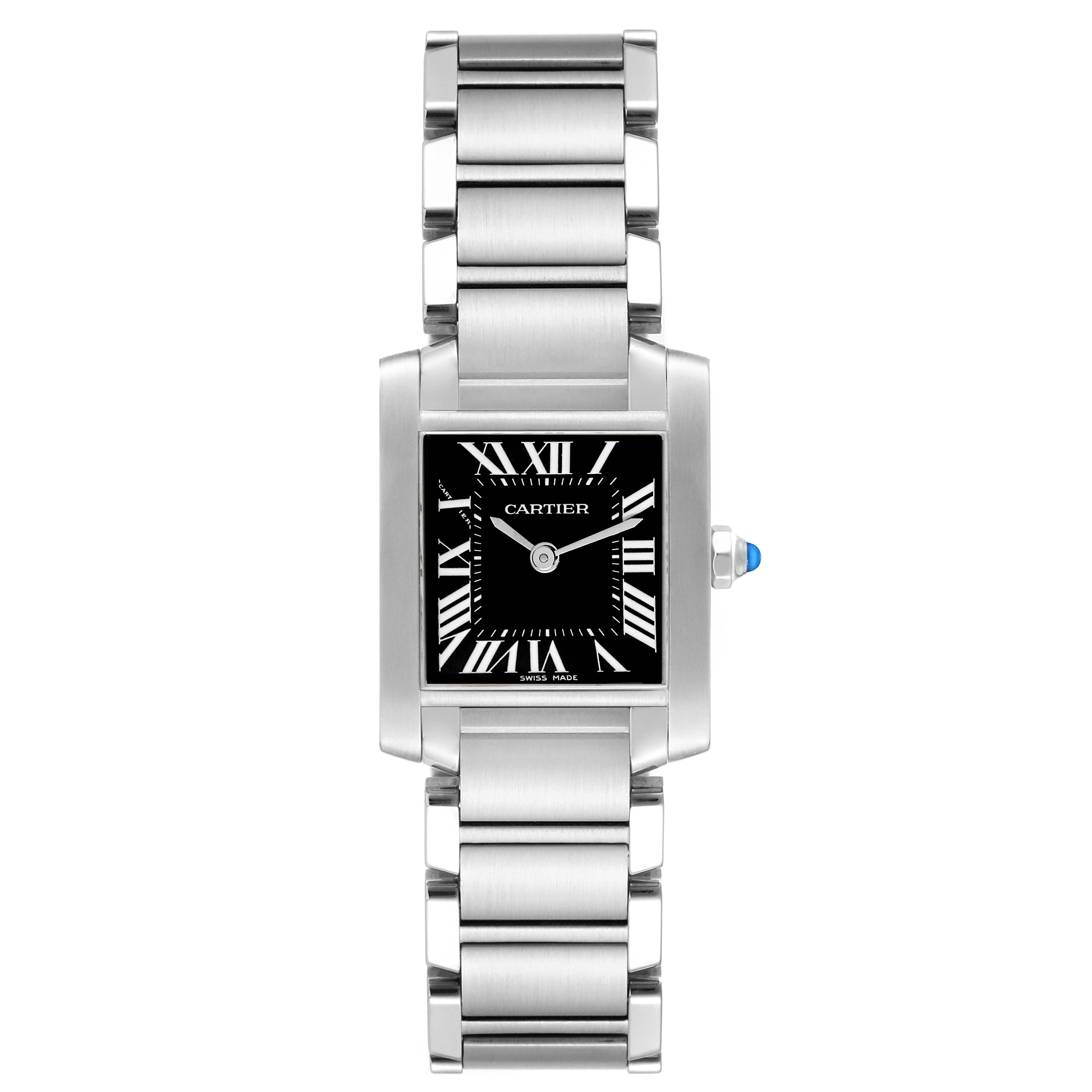 The image shows a front view of a Cartier Tank Française watch with a metal bracelet and black dial.