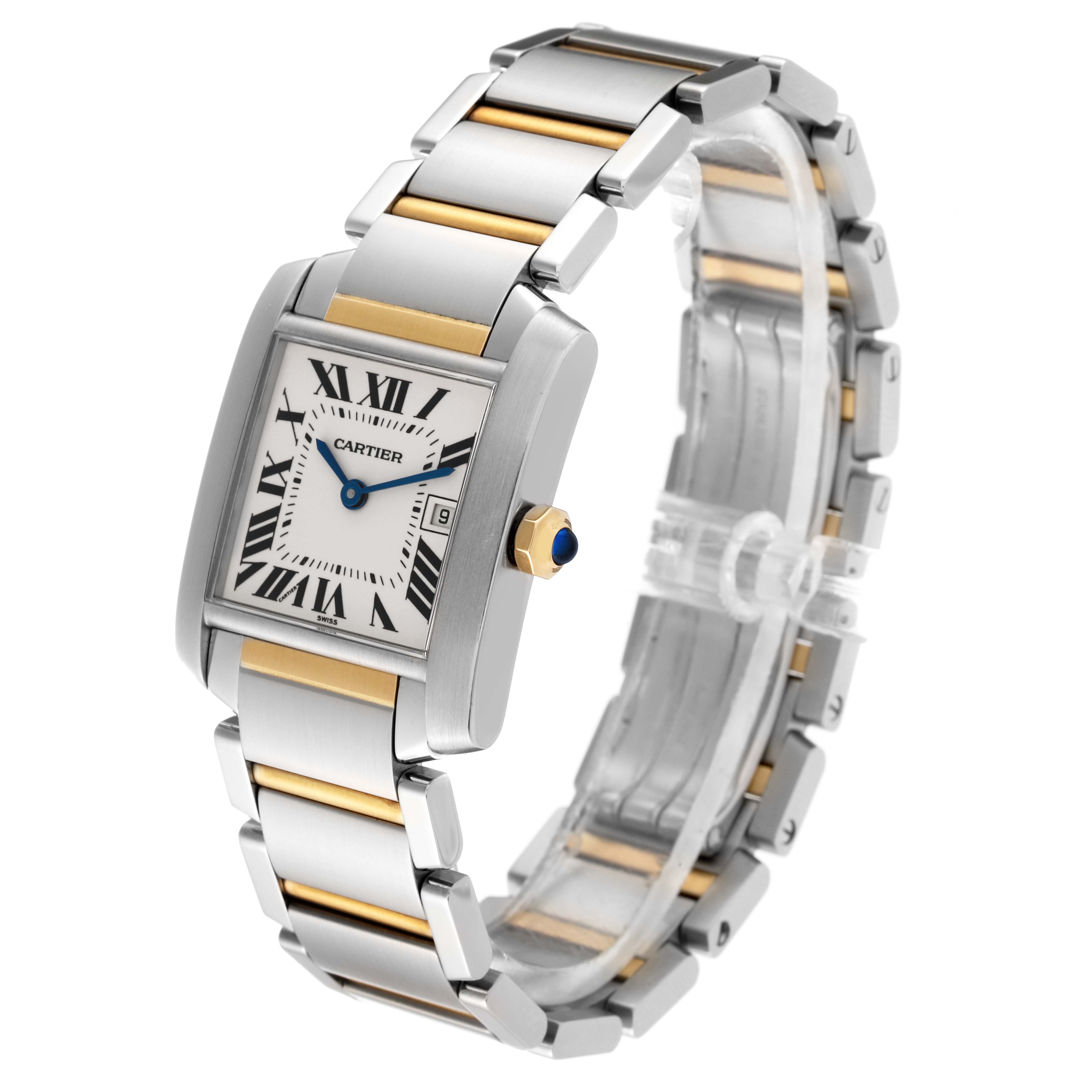 The image shows a Cartier Tank Francaise W51012Q4 Women's Steel and Gold (two tone) Silver Dial W51012Q4 Women's Steel and Gold (two tone) Silver Dial watch from a three-quarter angle, displaying the face, bezel, and bracelet.