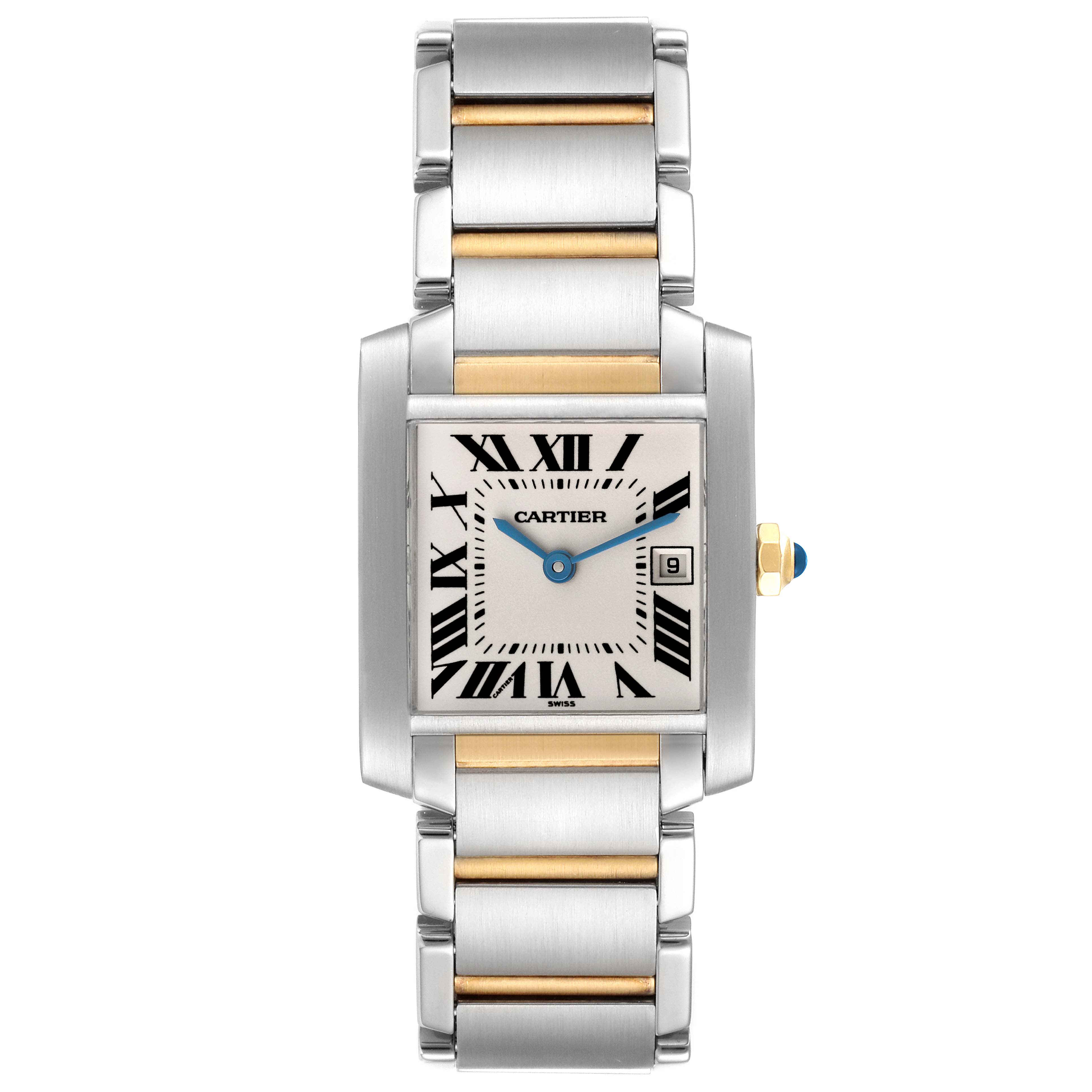 The image shows a front view of the Cartier Tank Française watch, displaying its face, hands, bracelet, and crown.