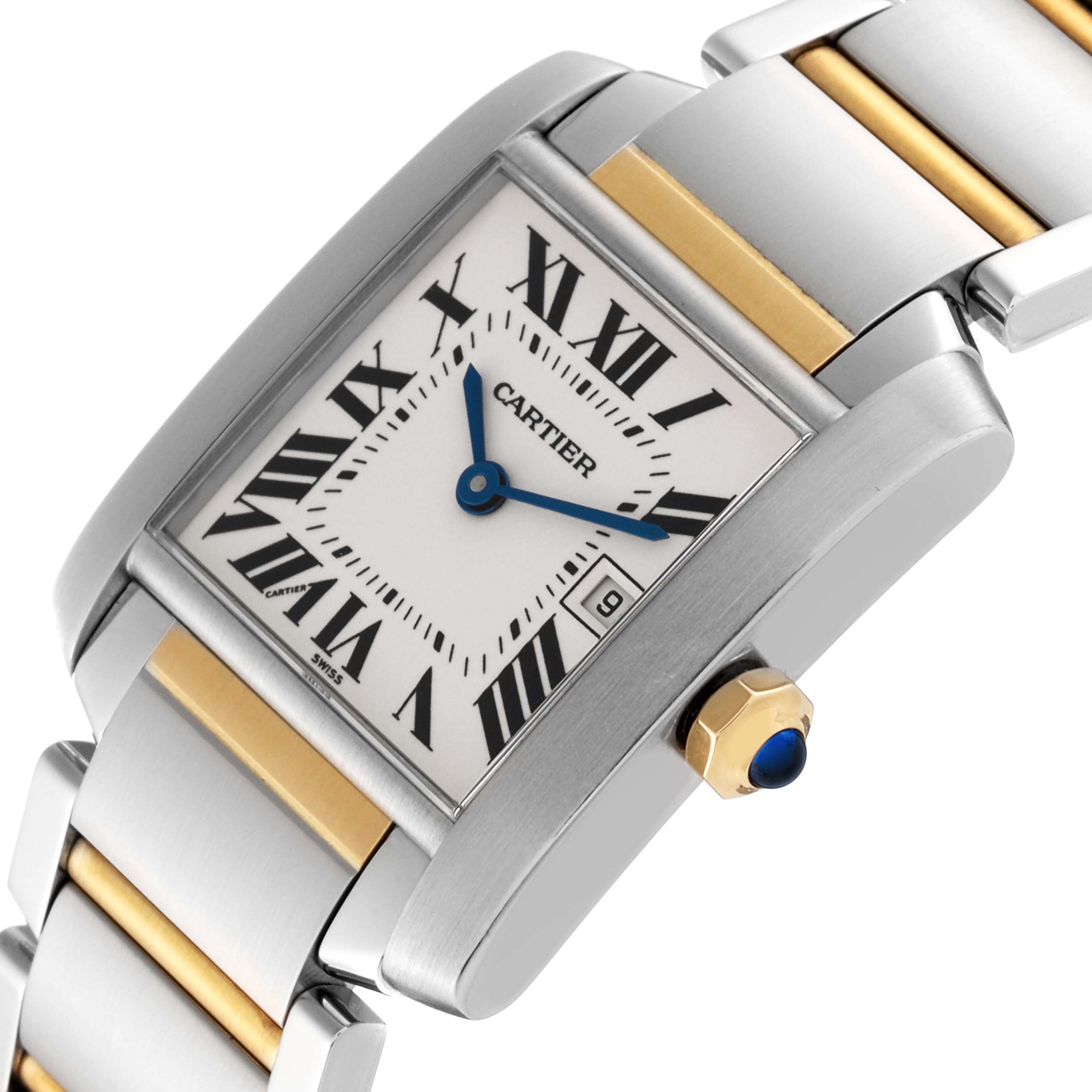 The image shows a close-up, angled view of a Cartier Tank Française watch, highlighting the dial, crown, and part of the bracelet.