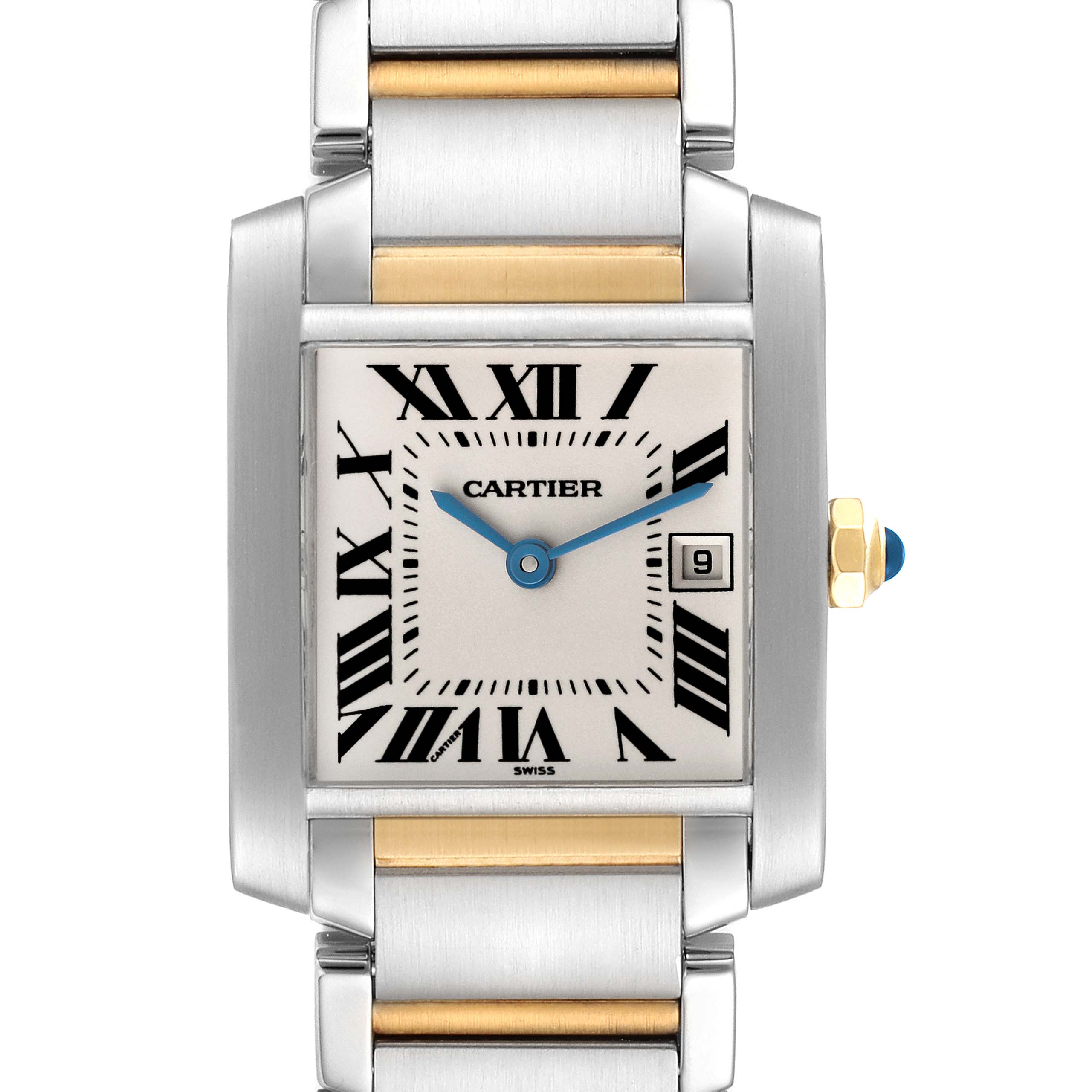 This is a front view of the Cartier Tank Française watch, showcasing the dial, hands, bracelet, and crown.