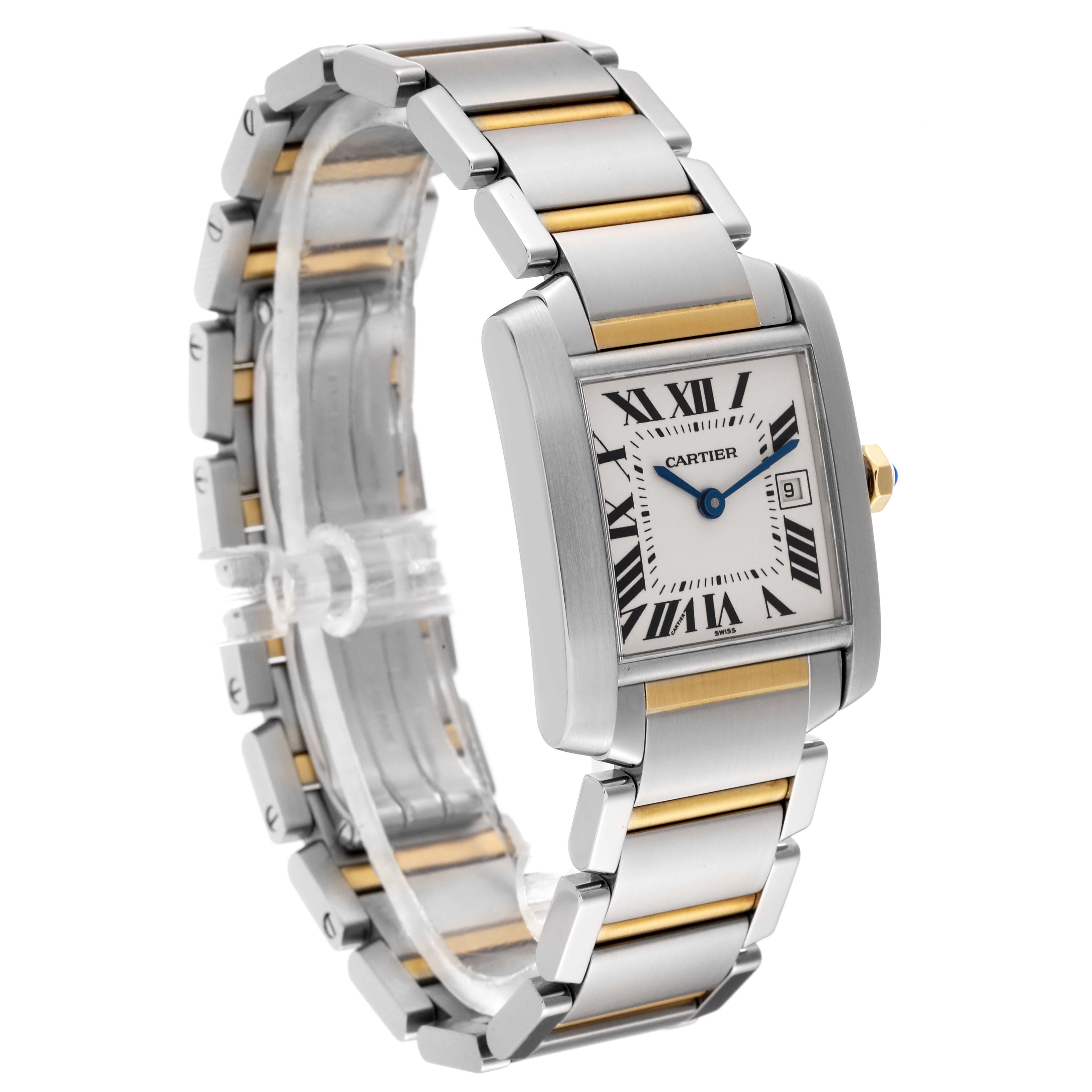 The Cartier Tank Francaise W51012Q4 Women's Steel and Gold (two tone) Silver Dial W51012Q4 Women's Steel and Gold (two tone) Silver Dial watch is shown from a front angle, highlighting its face, bracelet, and clasp.