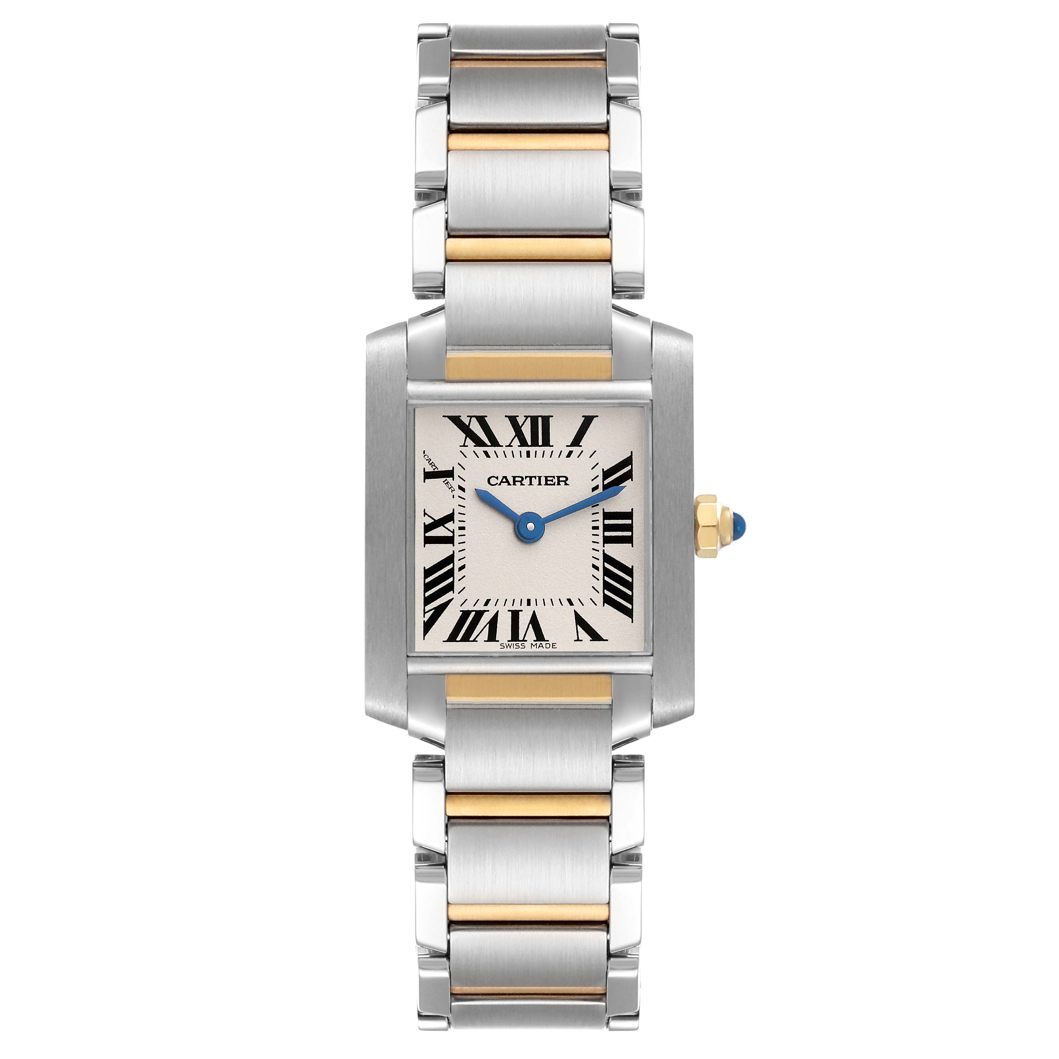 This image shows a straight-on view of the Cartier Tank Francaise W51007Q4 Women's Steel and Gold (two tone) Silver Dial W51007Q4 Women's Steel and Gold (two tone) Silver Dial watch, featuring its dial, bracelet, and crown.
