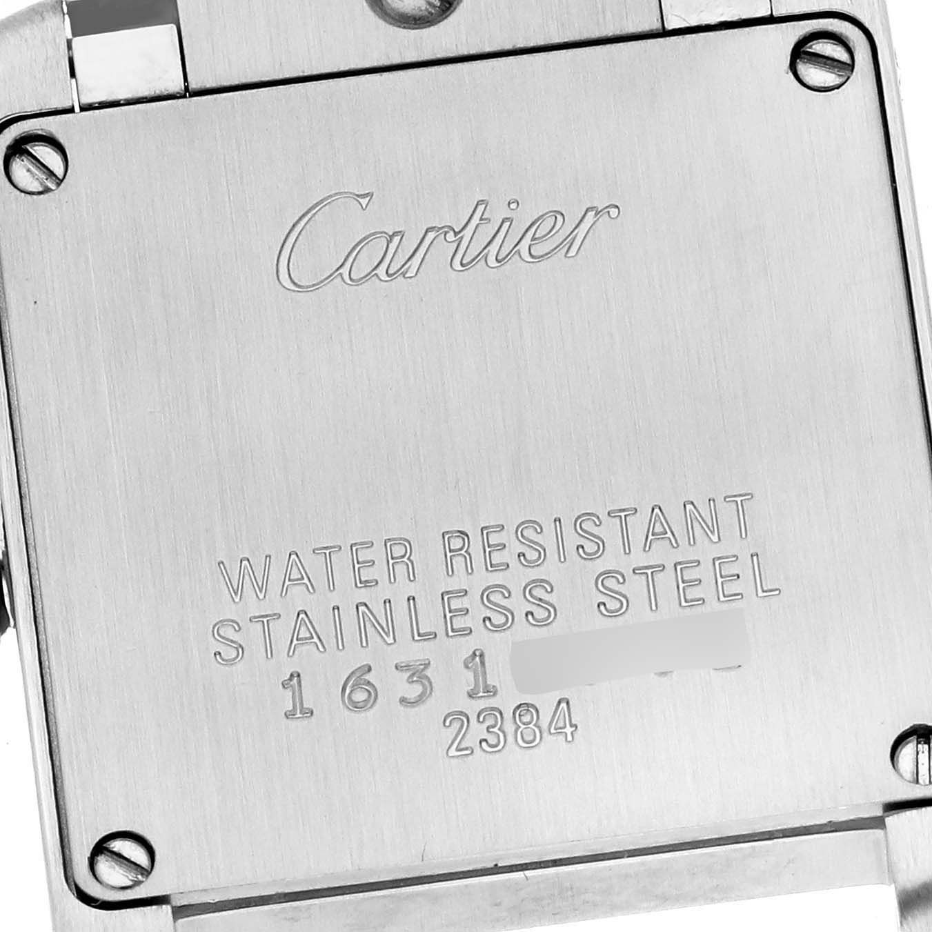 This image shows the back case of a Cartier Tank Française watch, highlighting its water resistance and stainless steel features.